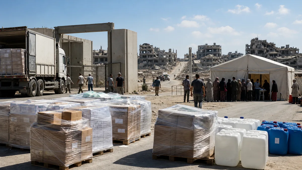 AI-beeld van een gecontroleerd hulppunt met pallets, watercontainers, medische tent en beschadigde gebouwen op afstand als illustratie bij Gaza-hulpbeperkingen.
