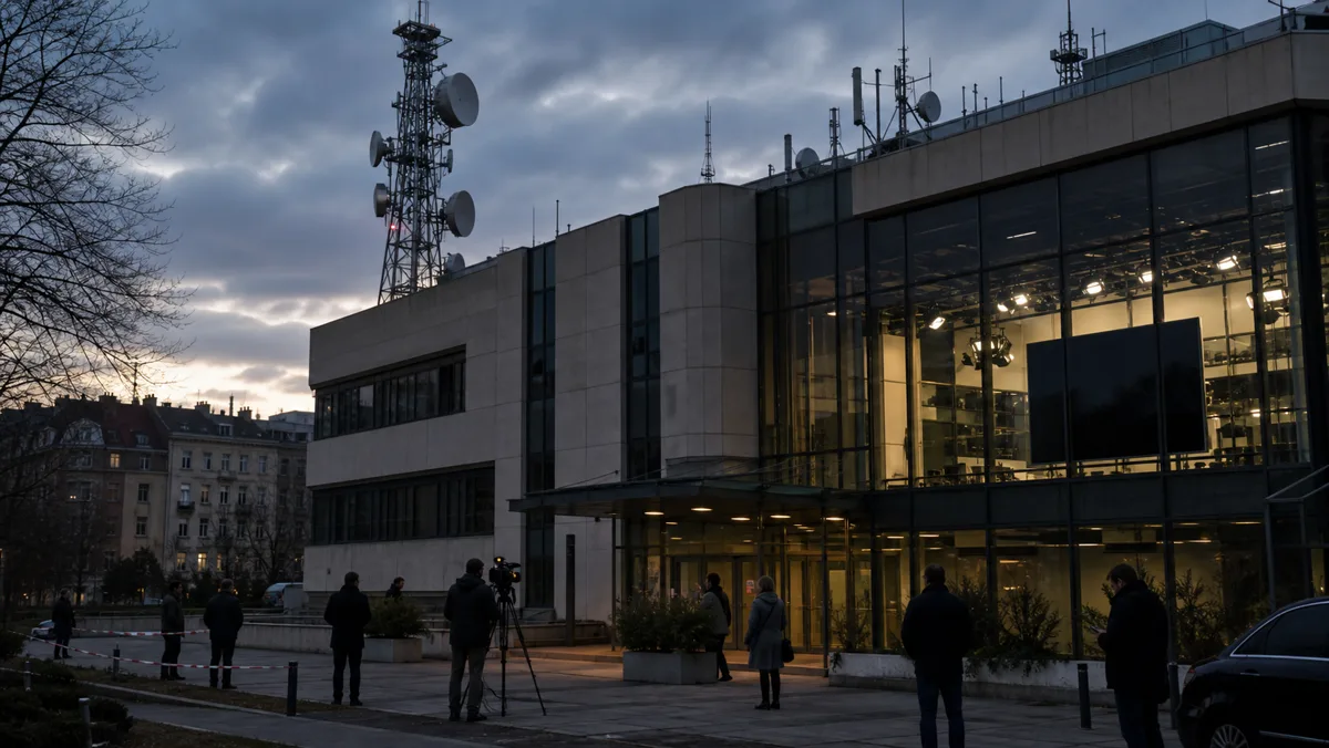 AI-beeld van een anoniem publiek omroepgebouw met antennes, donkere schermen en mensen op afstand als illustratie bij Hongaarse publieke media en EU-mediawet.