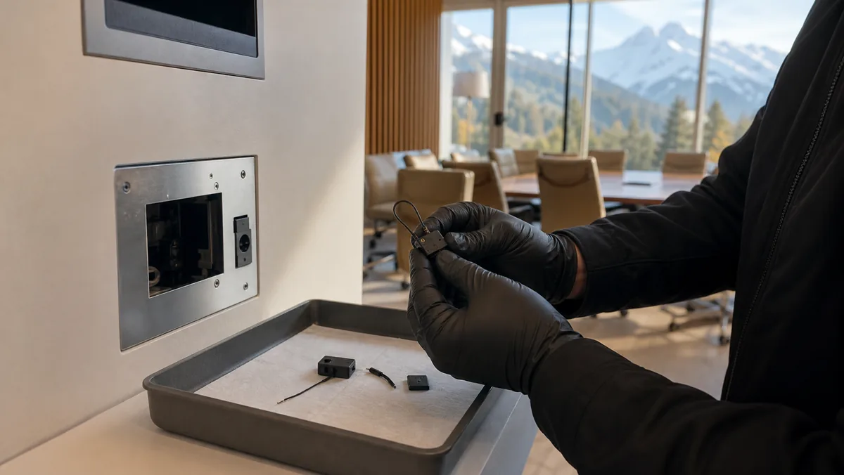 AI-beeld van een anonieme veiligheidsinspectie met een klein elektronisch component op een tray in een Zwitserse vergaderomgeving als illustratie bij het Klaus Schwab afluisterapparaat.