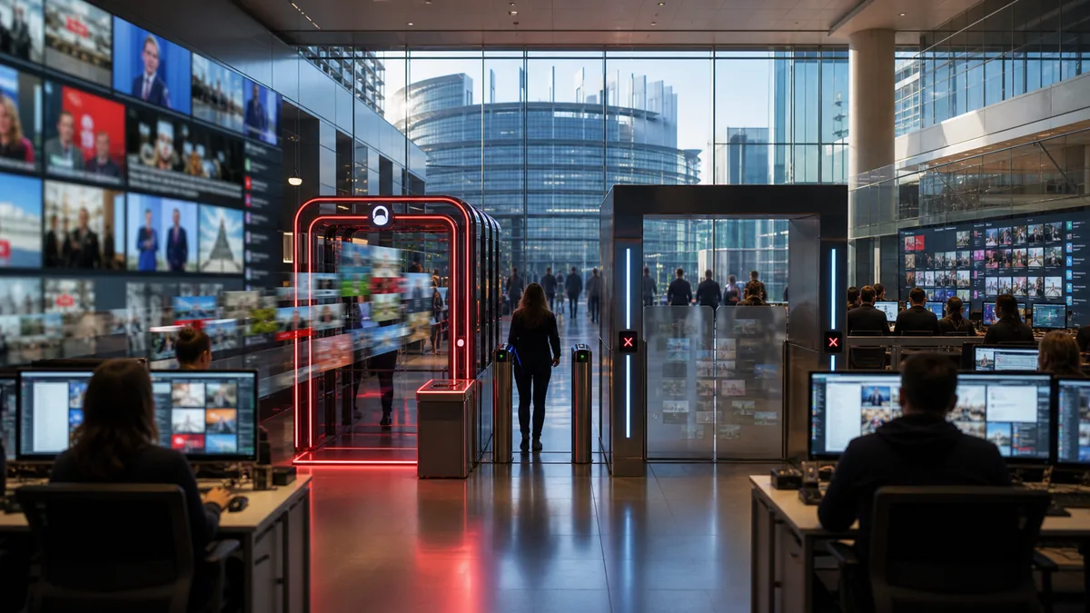 AI-beeld van een moderne Europese newsroom met digitale platformpoorten en abstracte nieuwsfeeds als illustratie bij de European Media Freedom Act en platformmacht.