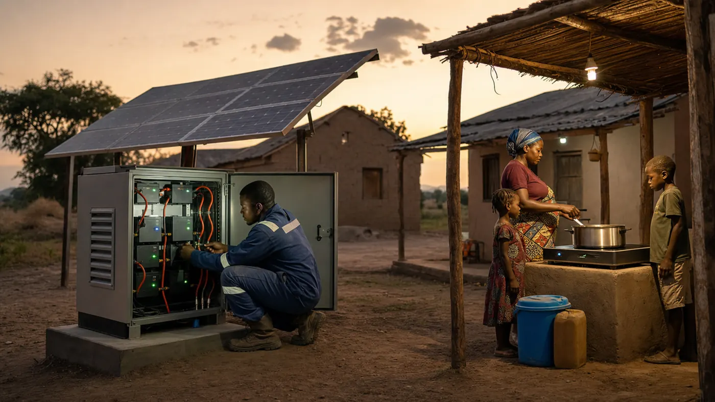 AI-beeld van een landelijke gemeenschap bij schemering met zonnepanelen, een mini-gridkast en een schoon kooktoestel als illustratie bij SDG 7, energiearmoede en betaalbare toegang tot elektriciteit.