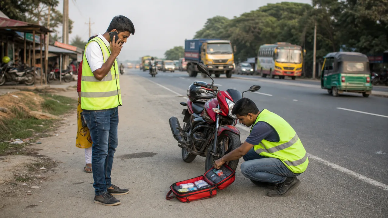 AI-beeld van getrainde lokale vrijwilligers met een eerstehulpkoffer langs een drukke weg in Bangladesh als illustratie bij community first responders en verkeersveiligheid.