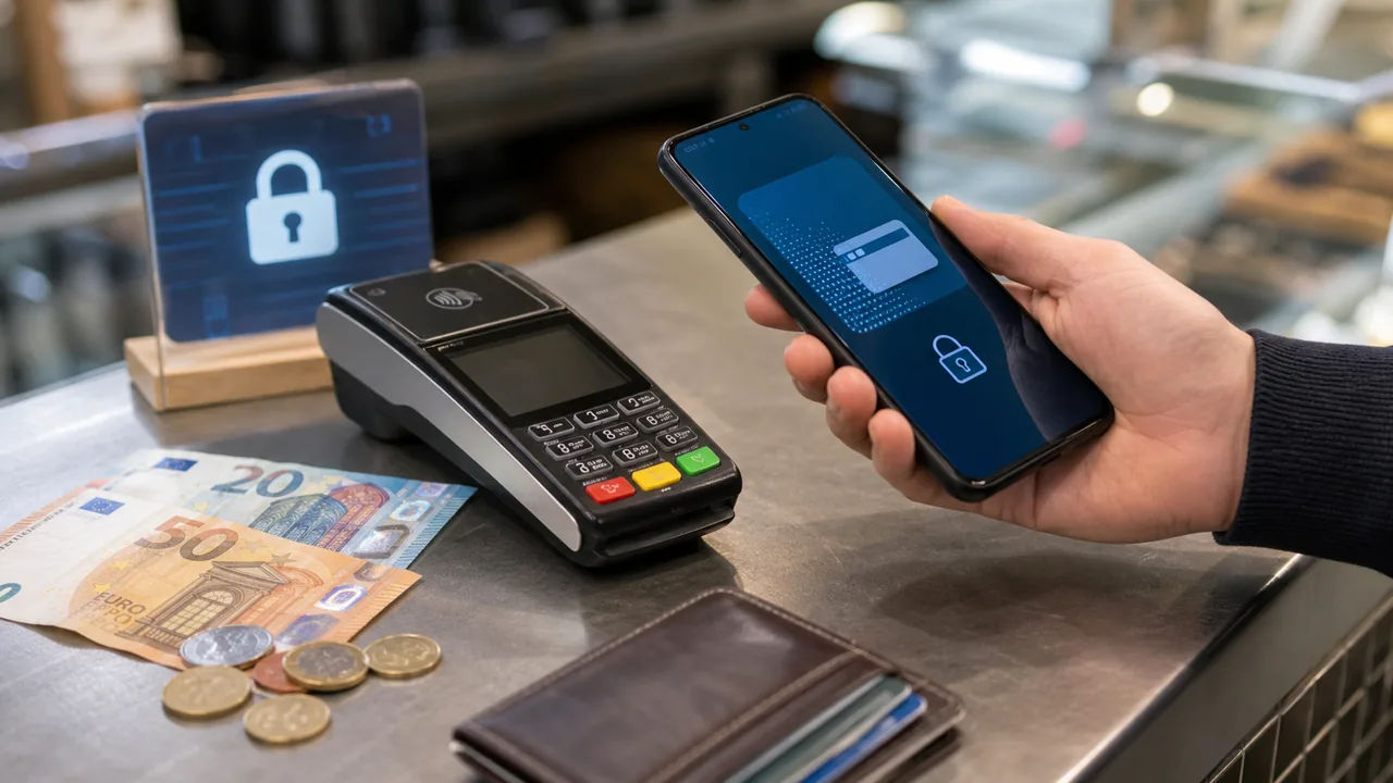 AI-beeld van een toonbank met eurobiljetten, munten, een betaalterminal en een smartphone met een abstracte digitale wallet als illustratie bij het debat over de digitale euro.