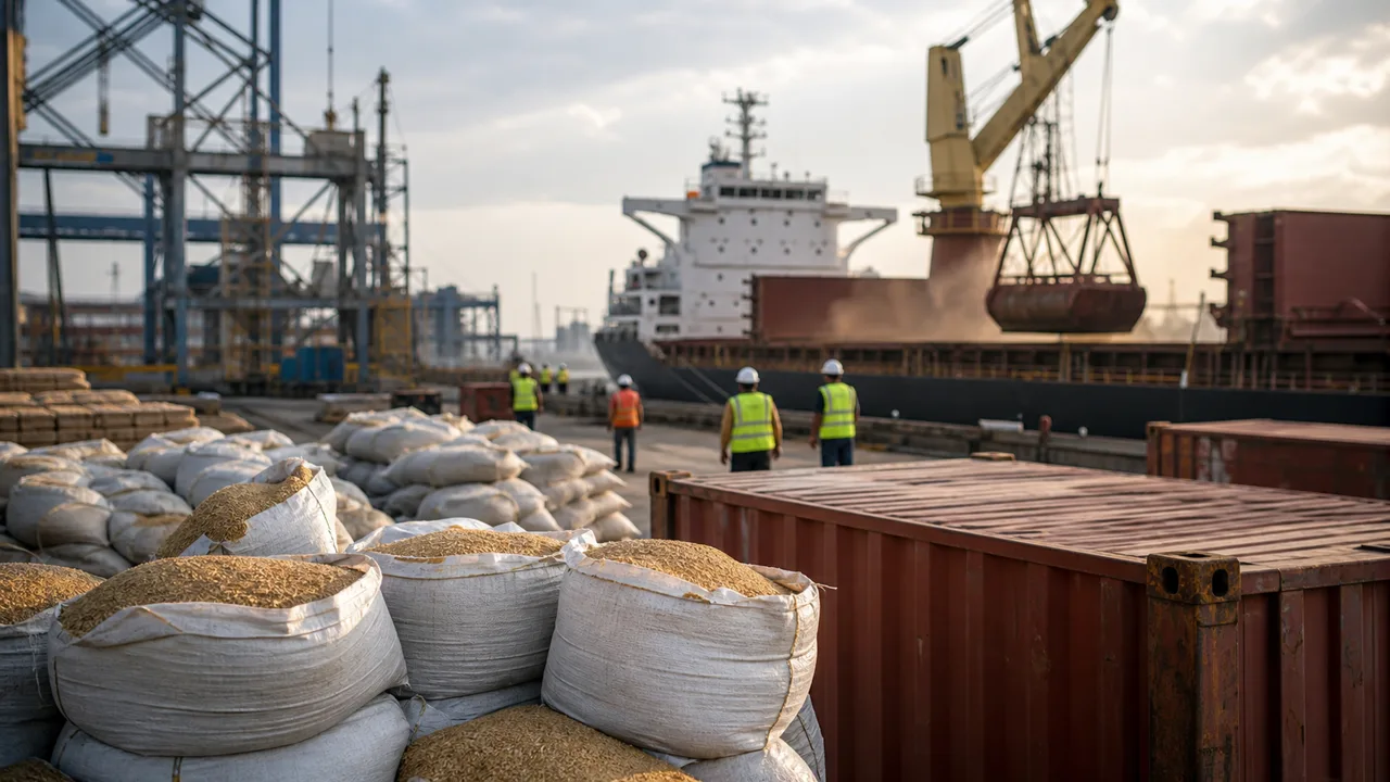 AI-beeld van graanzakken, containers, havenkranen en een vrachtschip als illustratie bij FAO SOCO 2026 over voedselhandel onder druk.