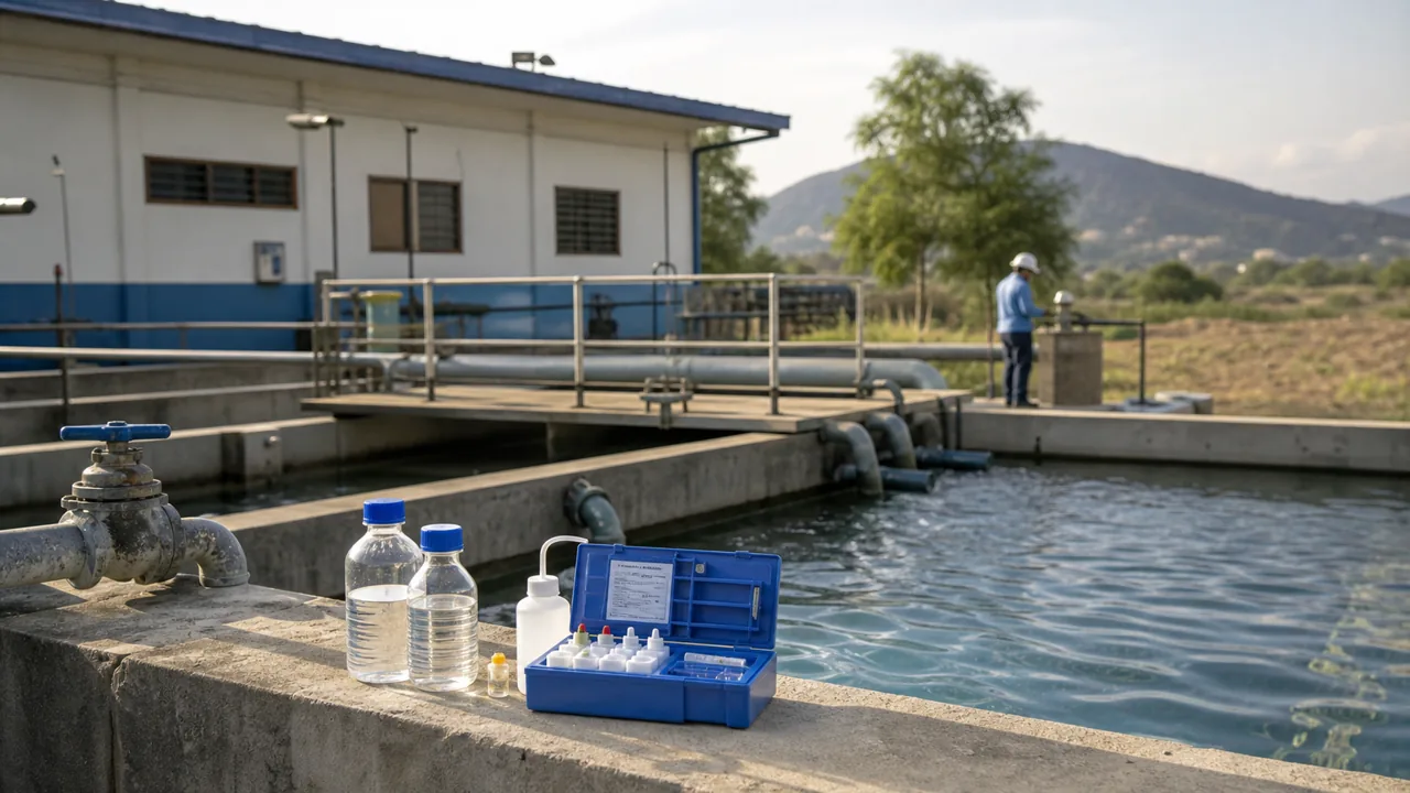 AI-beeld van een waterzuiverings- en testlocatie met leidingen, watermonsters en een medewerker op afstand als illustratie bij de Global WASH Sector Resilience Index.
