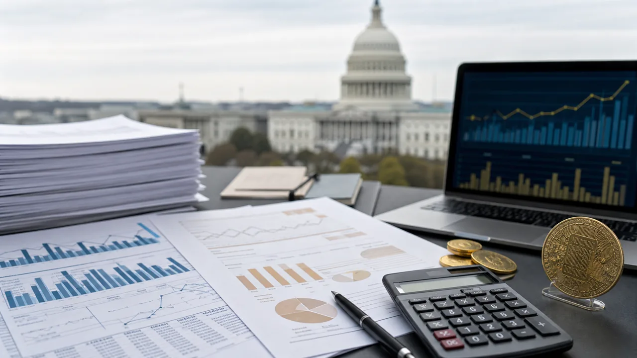 AI-beeld van financiele openbaarmakingsstukken, een calculator, grafieken en cryptomunten voor een wazige Amerikaanse regeringsachtergrond als illustratie bij presidentieel vermogen en mediaframing.