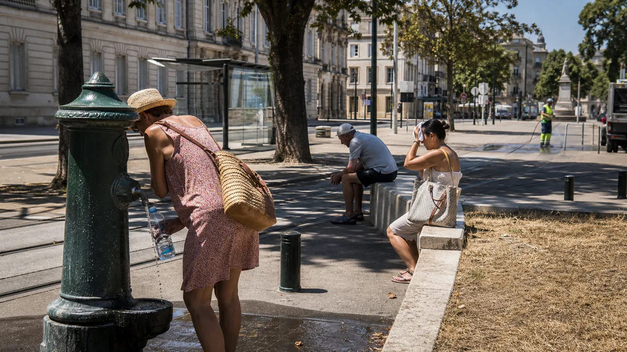 AI-beeld van een West-Europese stadsstraat tijdens een hittegolf met drinkwaterpunt, schaduwzoekers en droge berm als illustratie bij Copernicus juni 2026.