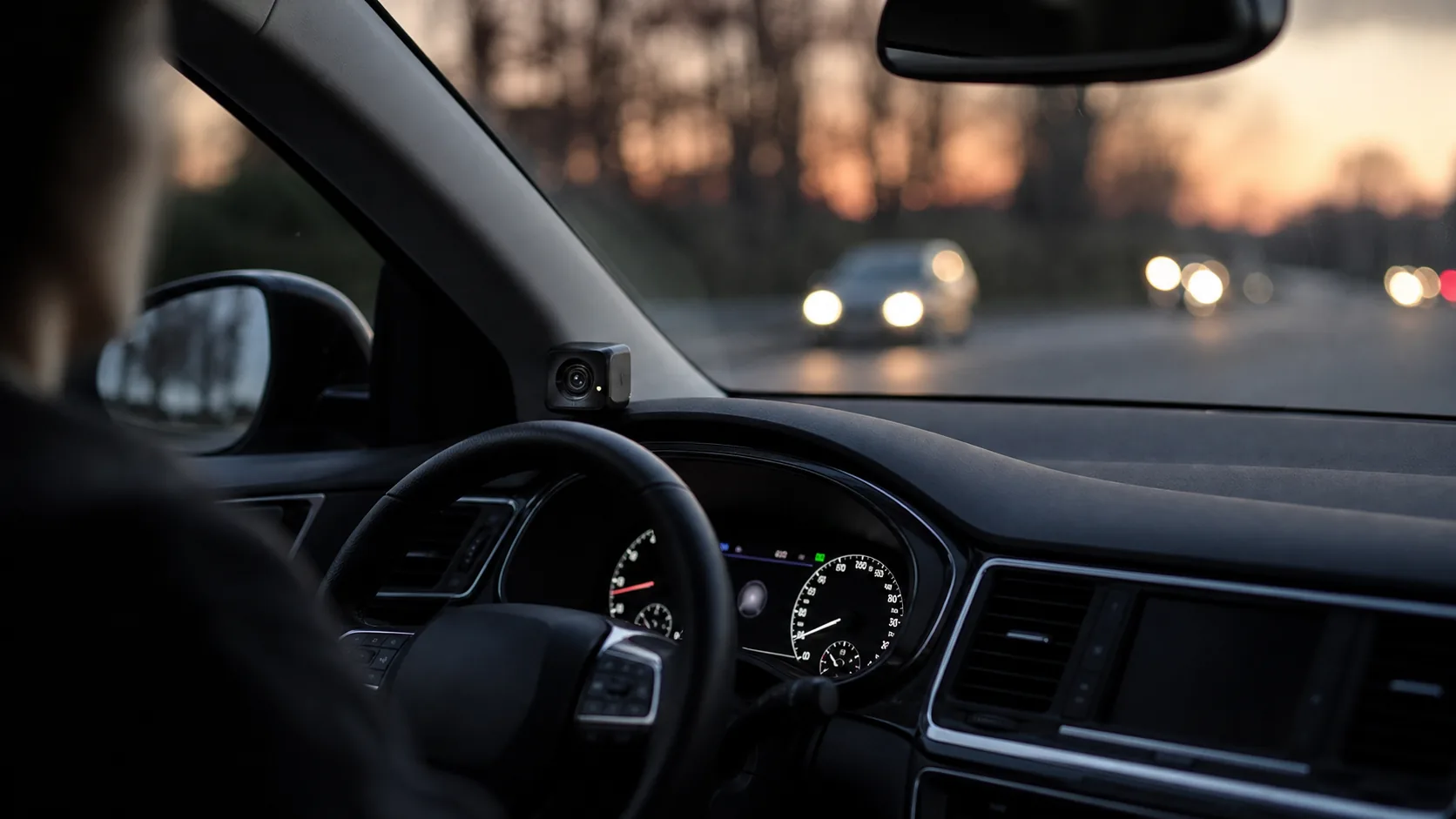 AI-beeld van een moderne auto-interieur met een kleine bestuurderscamera bij het dashboard als illustratie bij ADDW, verkeersveiligheid en privacy.