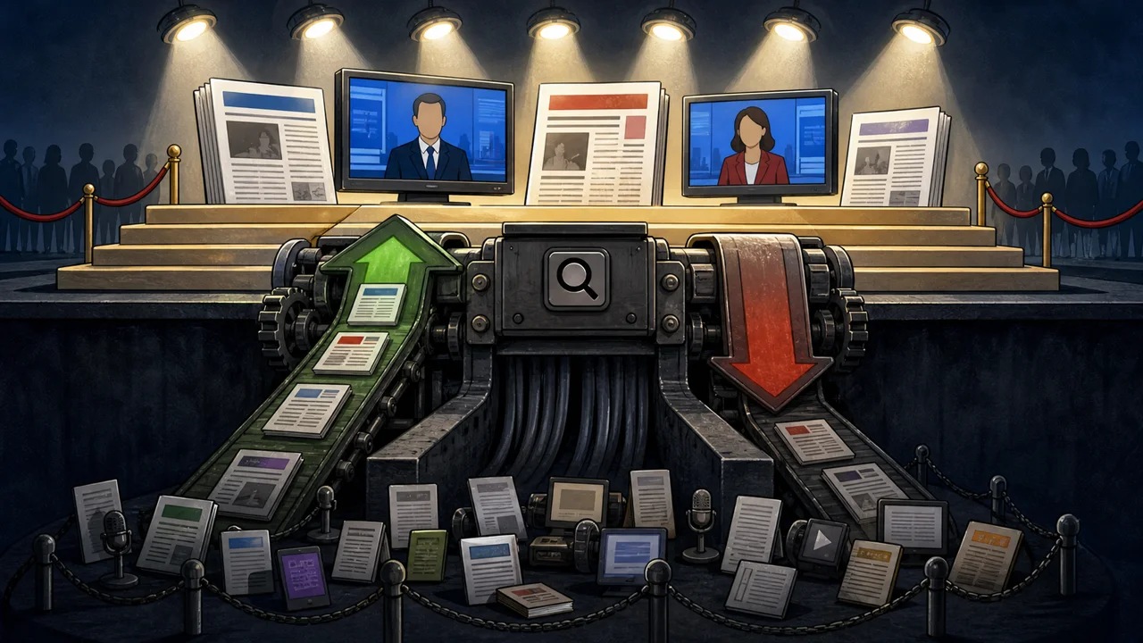 Redactionele karikatuur waarin grote gevestigde mediablokken bovenaan in het licht staan terwijl kleinere alternatieve bronnen door een rankingmachine naar de schaduw worden gedrukt.