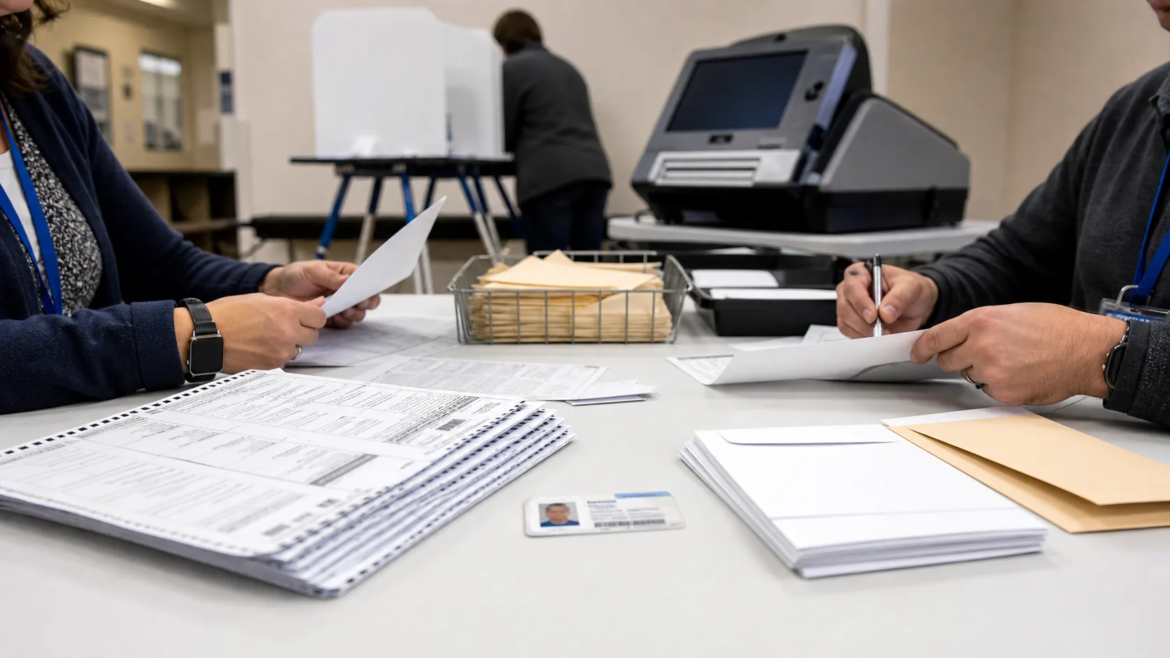 AI-beeld van een Amerikaans stembureau met papieren stembiljetten, enveloppen, een niet-leesbare ID-kaart en een ballot scanner als illustratie bij verkiezingsveiligheid en controle.
