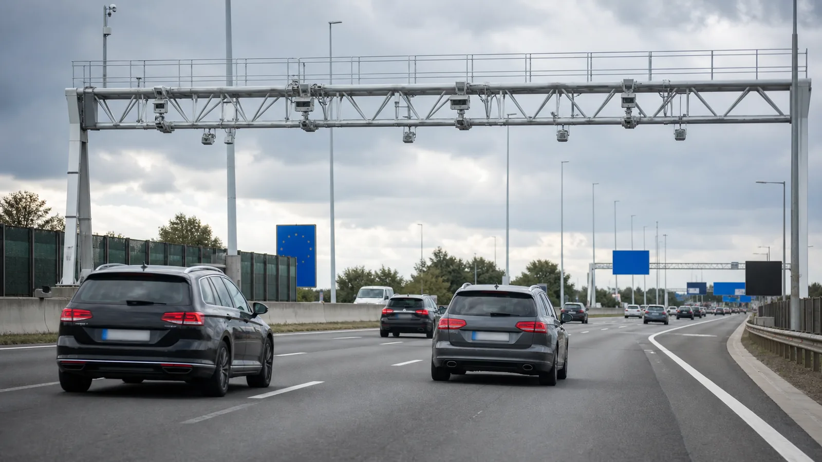 AI-beeld van auto's op een Europese snelweg onder een digitaal vignet- en camerapoort als illustratie bij het Belgische wegenvignet en de juridische discussie over buitenlandse automobilisten.