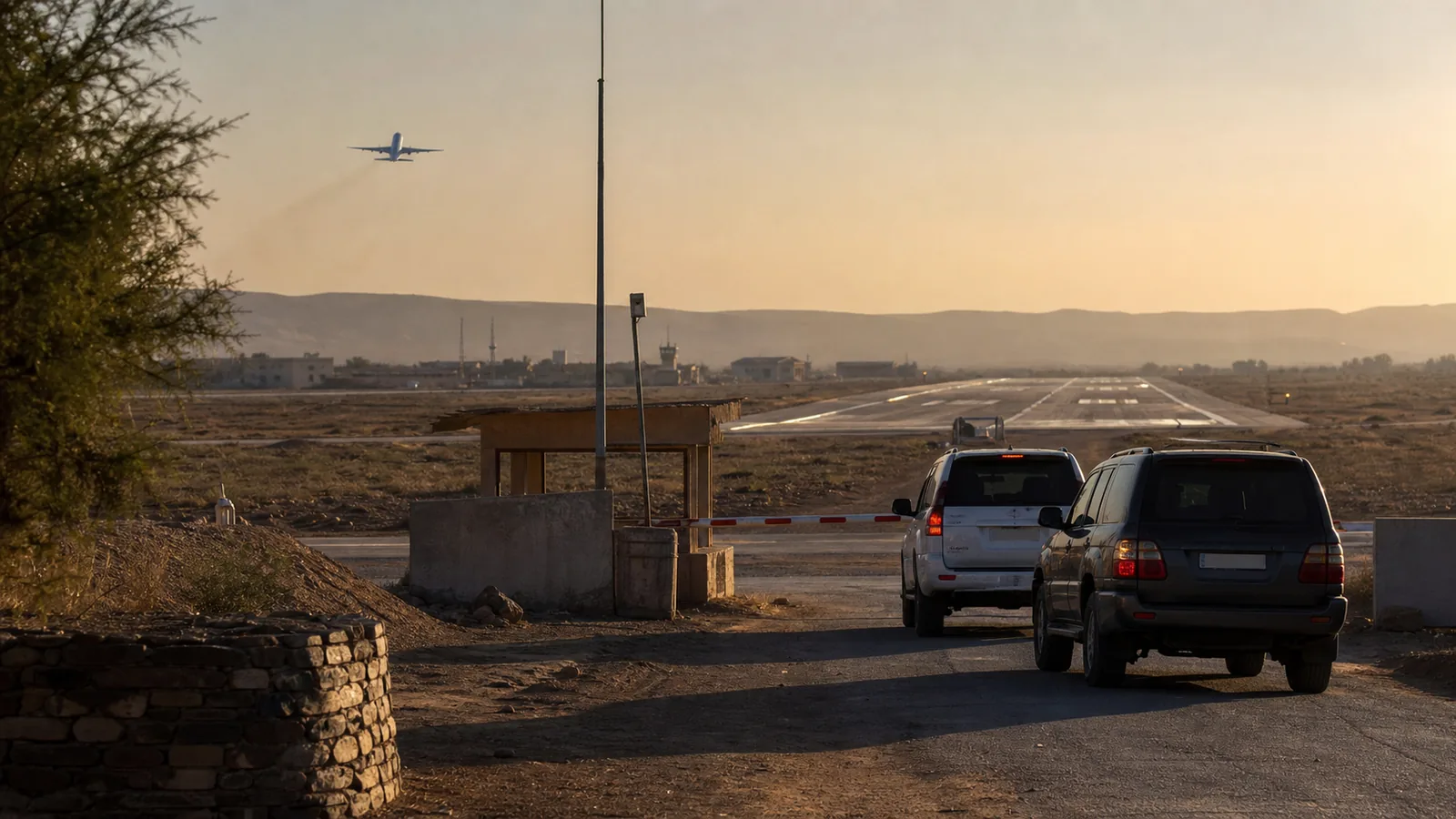 AI-beeld van een Sahelgrens met een kleine luchthaven, officiële voertuigen en een vliegtuig in de verte als illustratie bij het heropende luchtruim tussen Mali en Algerije.