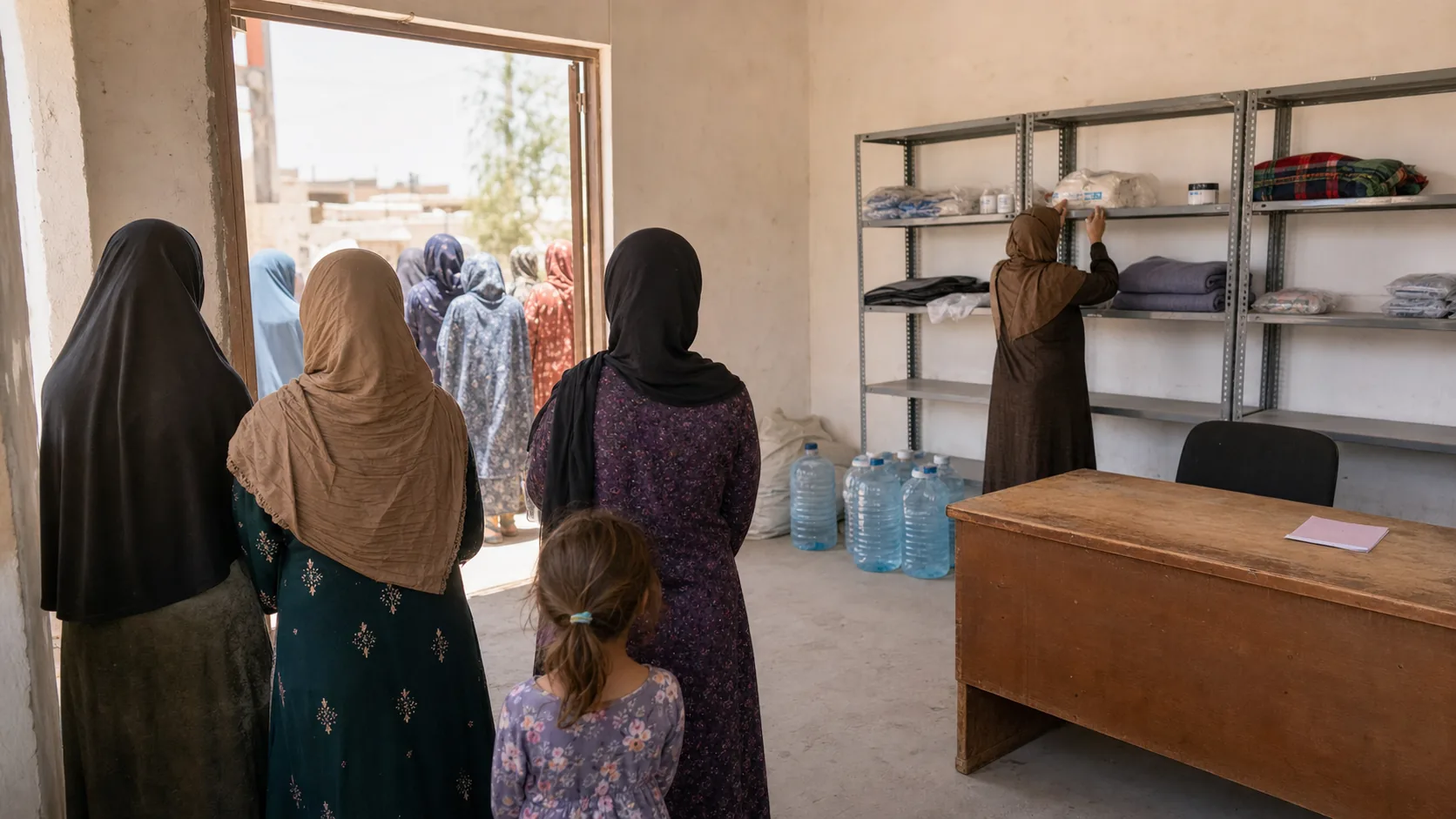 AI-beeld van een lokaal humanitair steunpunt met lege schappen en vrouwen die wachten, als illustratie bij hulpbezuinigingen die vrouwen en meisjes raken.