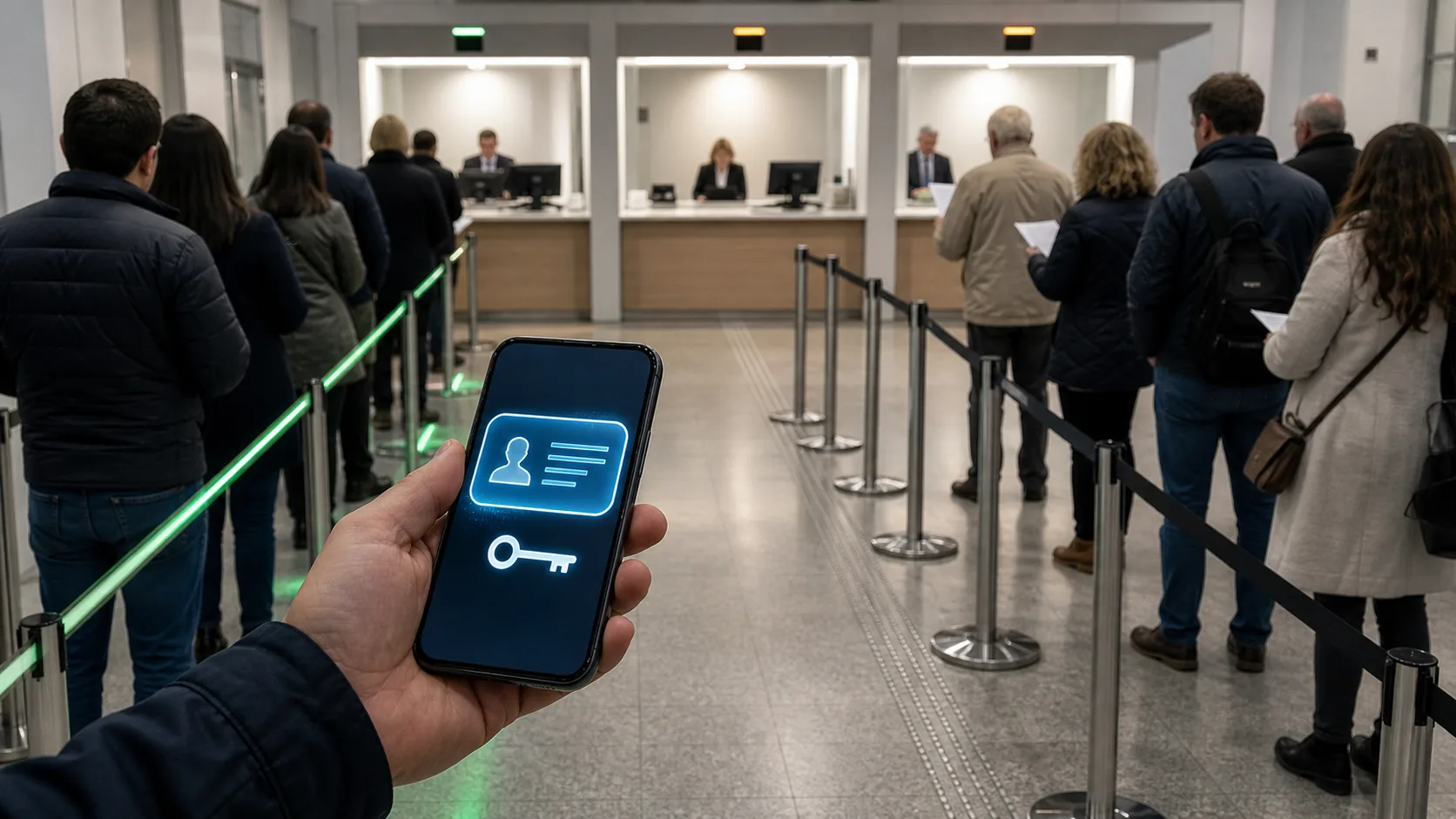 AI-beeld van een persoon met een digitale identiteitswallet op een smartphone voor loketten met een snelle digitale rij en een tragere papieren rij.