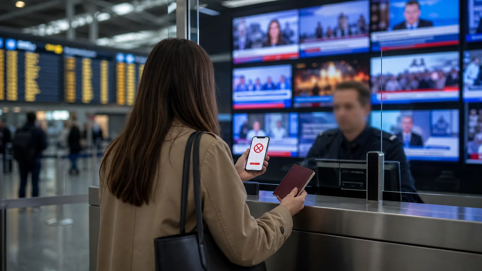 AI-beeld van een anonieme vrouw bij een Britse grenscontrole met een geweigerde digitale reistoestemming op haar telefoon en mediaschermen op de achtergrond.