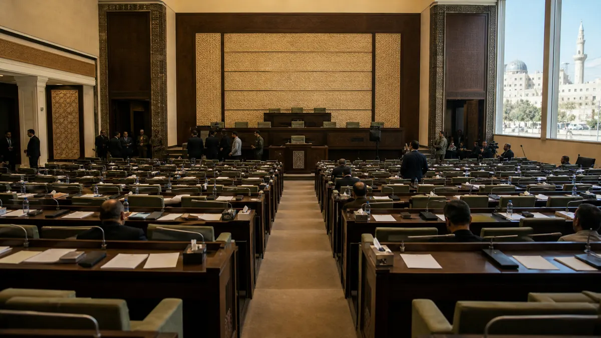AI-beeld van een parlementaire zaal in Damascus met lege stoelen, microfoons en mensen op afstand als illustratie bij Syrië's nieuwe parlement na de val van Assad.