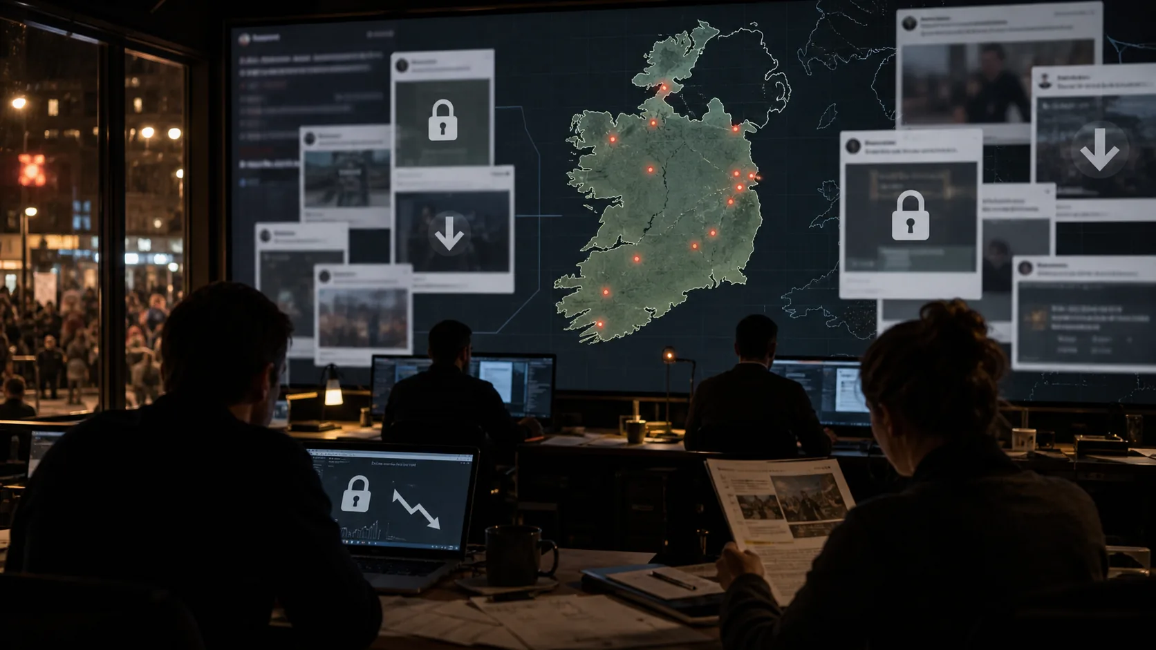 AI-beeld van een anonieme Britse activistfiguur voor een scherm met Ierlandkaart, platformslotjes en gedempte mediaberichten als illustratie bij Tommy Robinson, deplatformering en Ierse migratie-onrust.