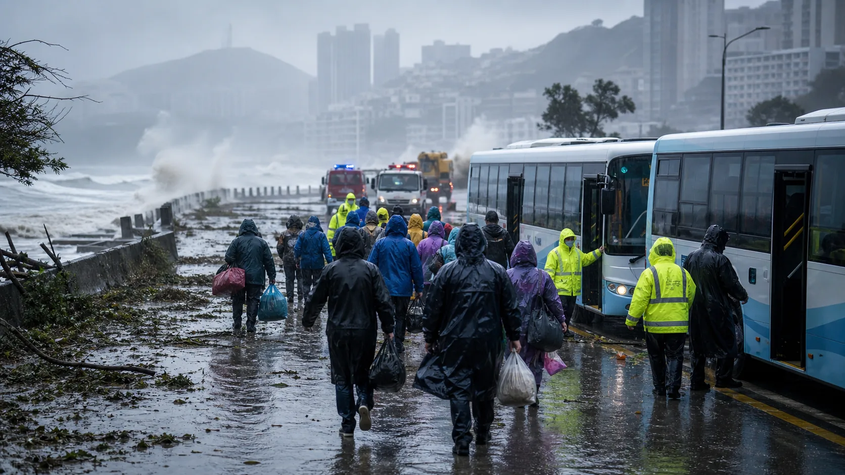AI-beeld van een Chinese kuststad in zware regen waar bewoners bij evacuatiebussen worden begeleid tijdens een tyfoon.