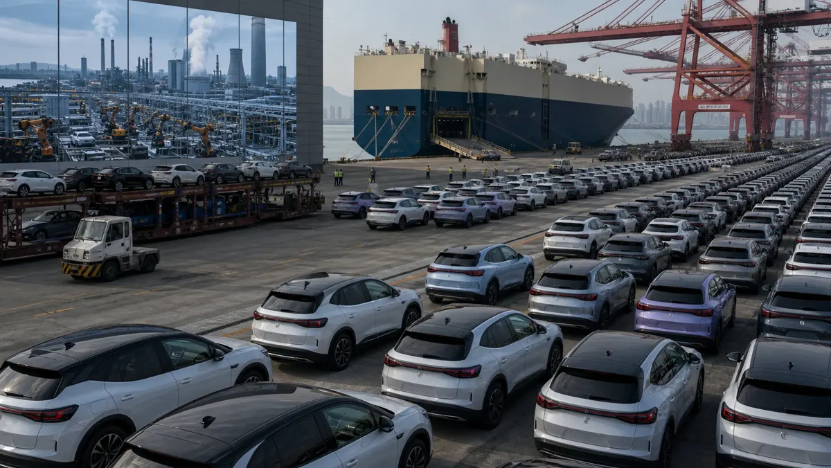 Realistische redactionele AI-visual van rijen merkloze elektrische auto's bij een Chinese exporthaven met industriële fabriekssilhouetten, als beeld bij de druk op Duitse autobouwers door Chinese EV-concurrentie.