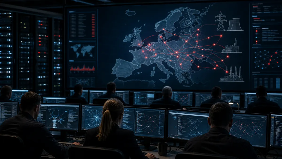 Realistische redactionele AI-visual van een Europese cybersecurity-operatiekamer met een generieke netwerkkaart van Europa en waarschuwingen rond kritieke infrastructuur, als illustratie bij EU- en VK-sancties tegen Russische cybernetwerken.