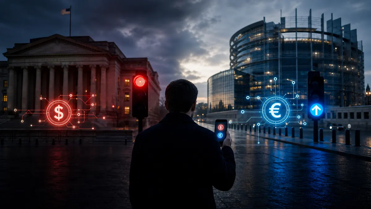 Realistische redactionele AI-visual van een Amerikaanse financiele instelling met rood pauzesignaal naast een Europese digitale betaalomgeving met blauw doorgangssignaal, als illustratie bij de discussie over digitale dollar, digitale euro, vrijheid en betaalcontrole.