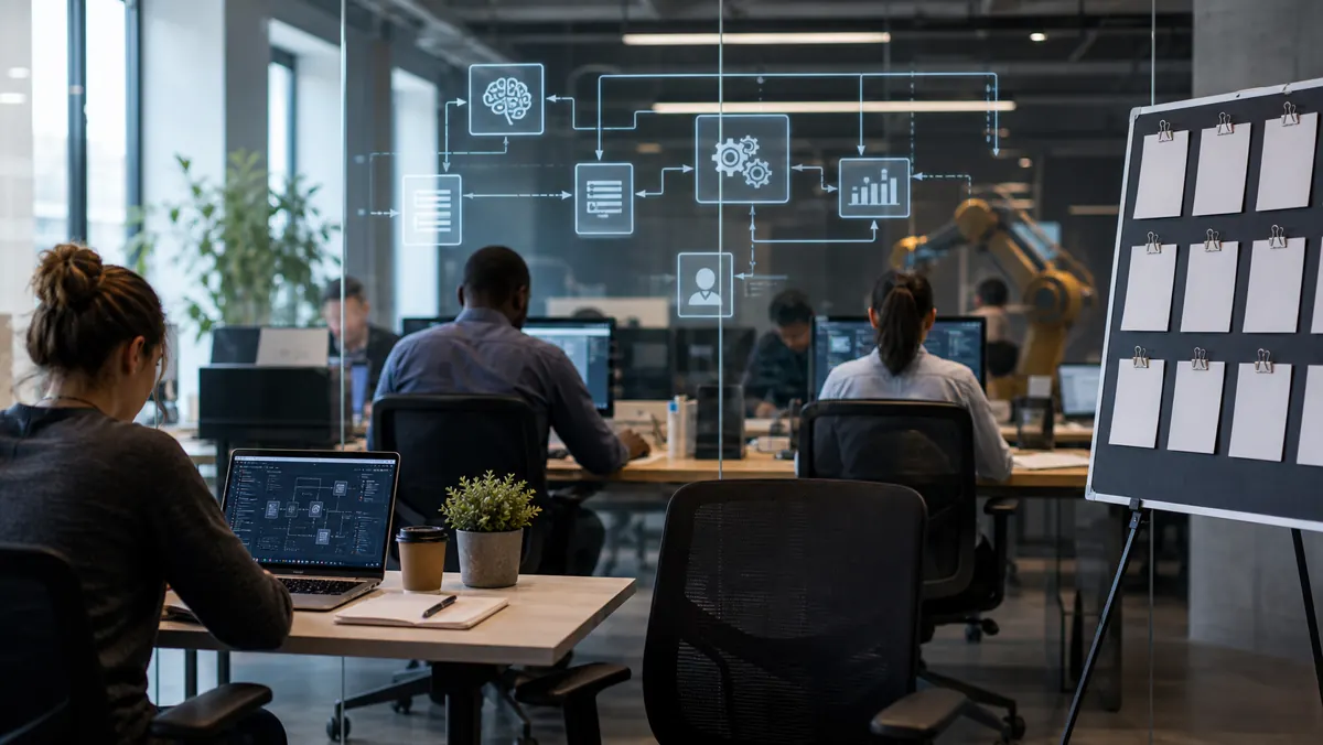 Realistische redactionele foto van een moderne werkvloer met werknemers, een lege bureaustoel, abstracte AI-workflow op glas en een onleesbaar vacaturebord als beeld bij AI en arbeidsmarktverandering.