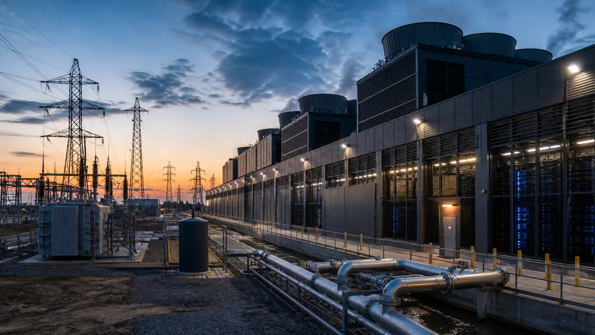 Realistische redactionele foto van een groot datacenter met stroommasten, transformatoren, koelinstallaties en waterleidingen als beeld bij stroom- en waterverbruik van digitale infrastructuur.