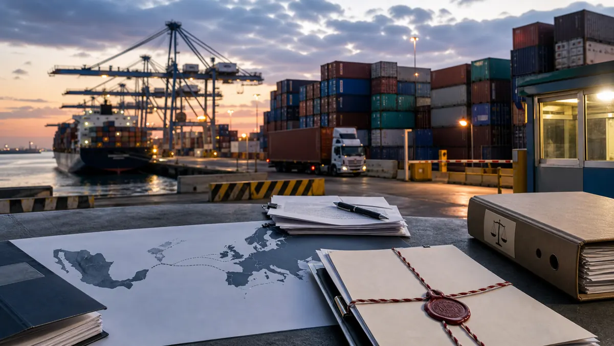 Realistische redactionele foto van een containerhaven met handelsdocumenten en een kaart van Europa en Mexico als beeld bij het EU-Mexico interim-handelsakkoord.