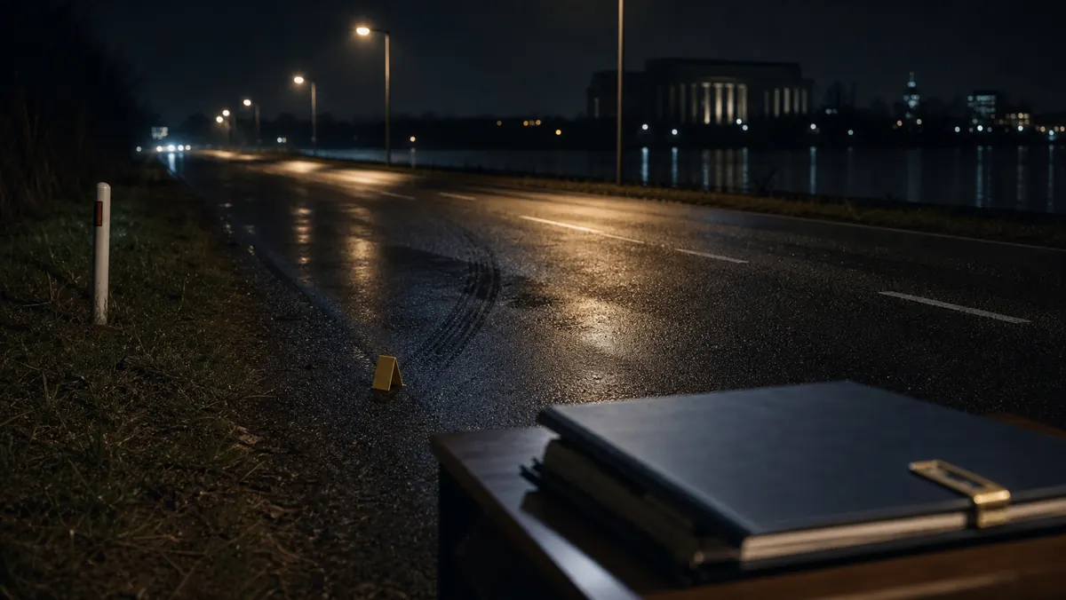 Realistische redactionele nachtelijke foto van een stille provinciale weg met een juridisch dossier als sober beeld bij de vrijspraak en open bewijs- en rechtsstaatvragen in de zaak Tamar.