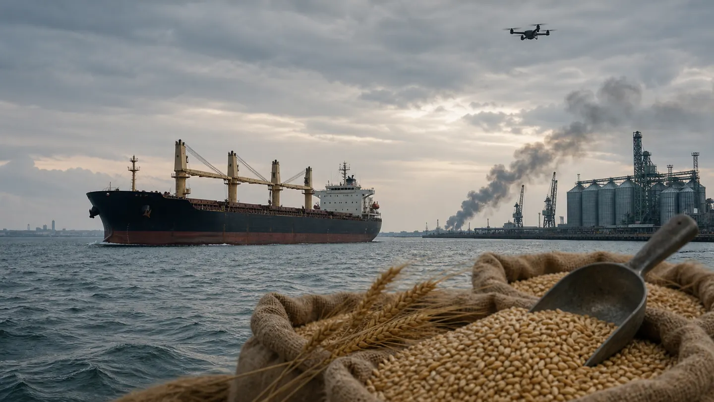 Realistisch redactioneel beeld van een graanschip bij een haven met graansilo's, graanzakken op de voorgrond en een drone in de lucht als illustratie bij oorlogsroutes en voedselprijzen.