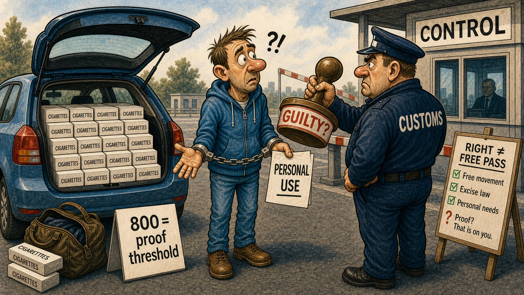 Editorial caricature of a generic customs control with a car full of cartons labeled CIGARETTES, a traveler holding PERSONAL USE and a CUSTOMS officer with a round GUILTY stamp as an image of the proof threshold for personal use within the EU.