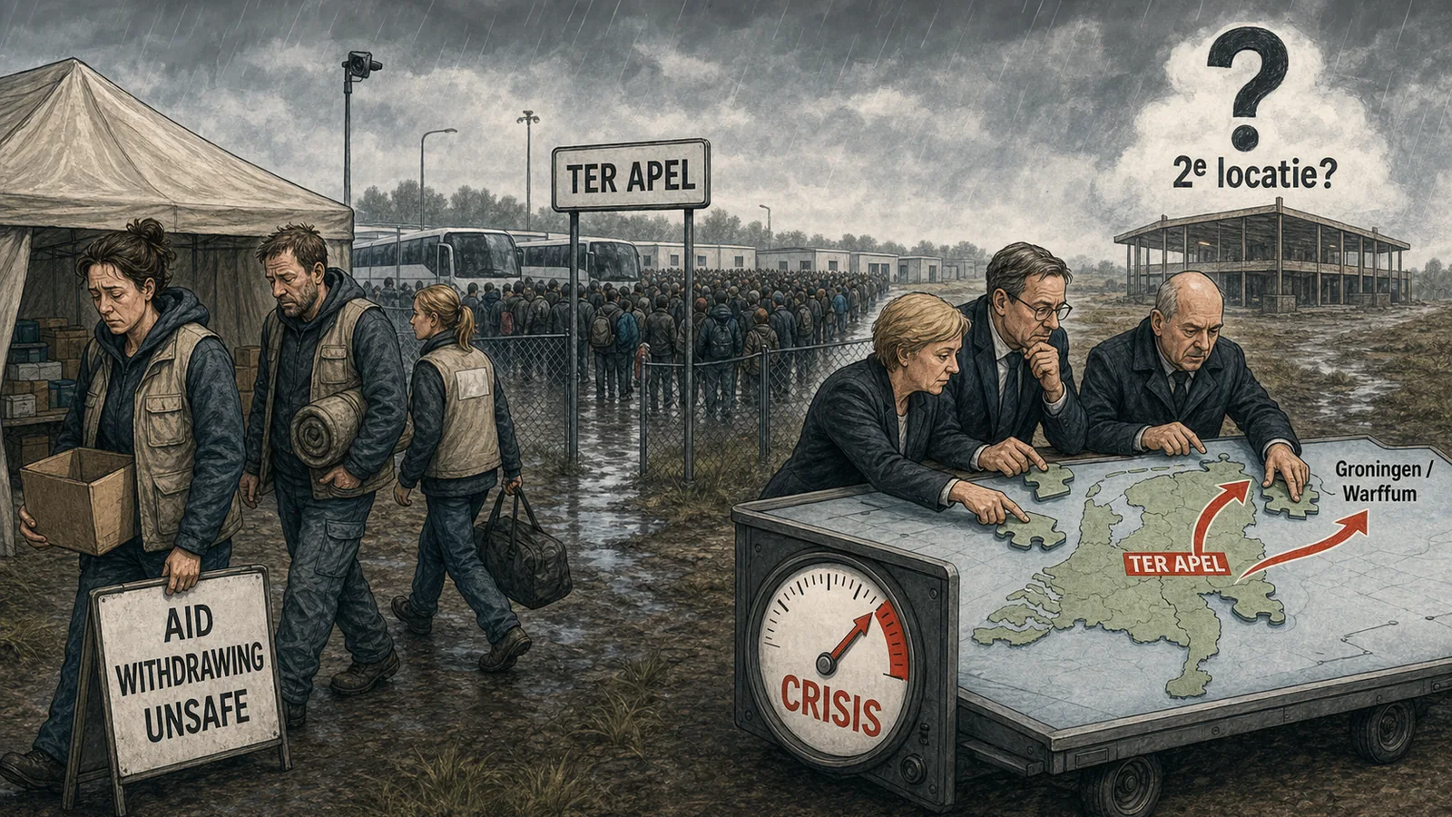 Redactionele karikatuur van Ter Apel met hulpverleners die vertrekken, een crisismeter en bestuurders die op een kaart naar Groningen en Warffum wijzen als beeld bij de vraag of crisisdruk leidt tot een tweede opvanglocatie.