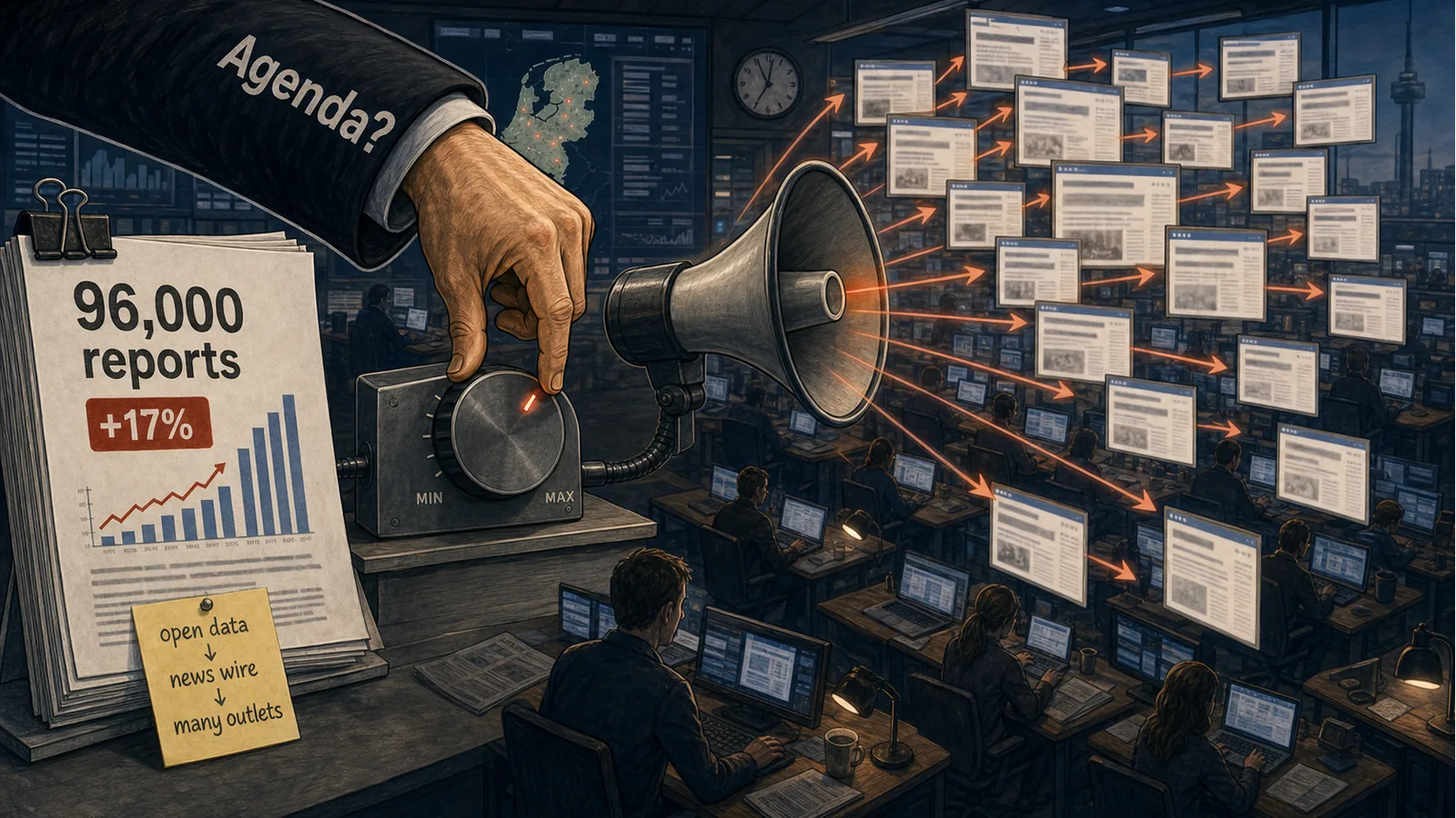 Redactionele karikatuur van een anonieme hand die een politiecijfer via een nieuwsmegfoon naar veel redacties versterkt, als beeld bij de gezamenlijke mediagolf rond een databericht.