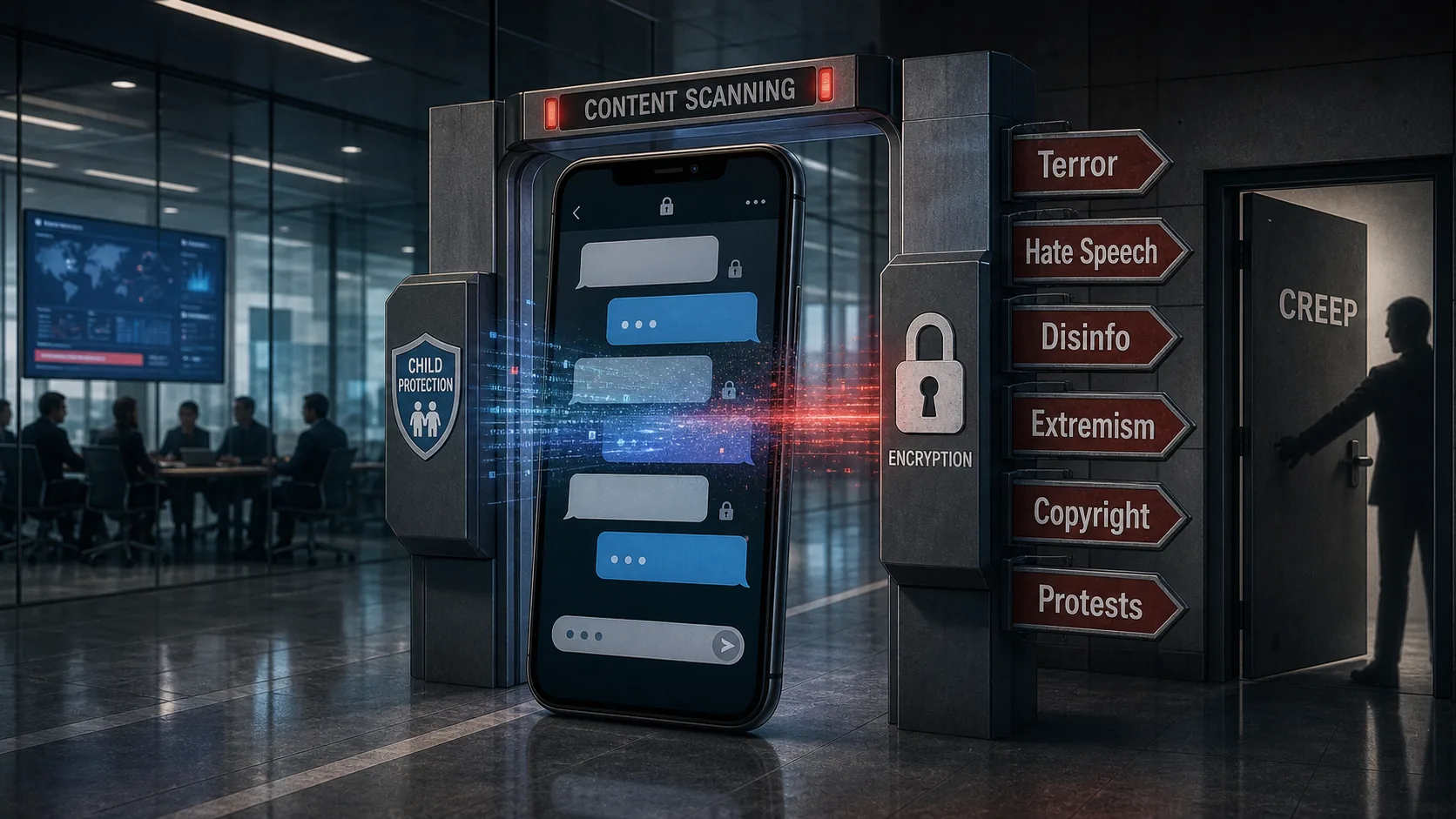 Realistische redactionele karikatuur van een smartphone die door een contentscanpoort gaat, met kinderbescherming aan de ene kant en CREEP-uitbreiding naar andere categorieen aan de andere kant.