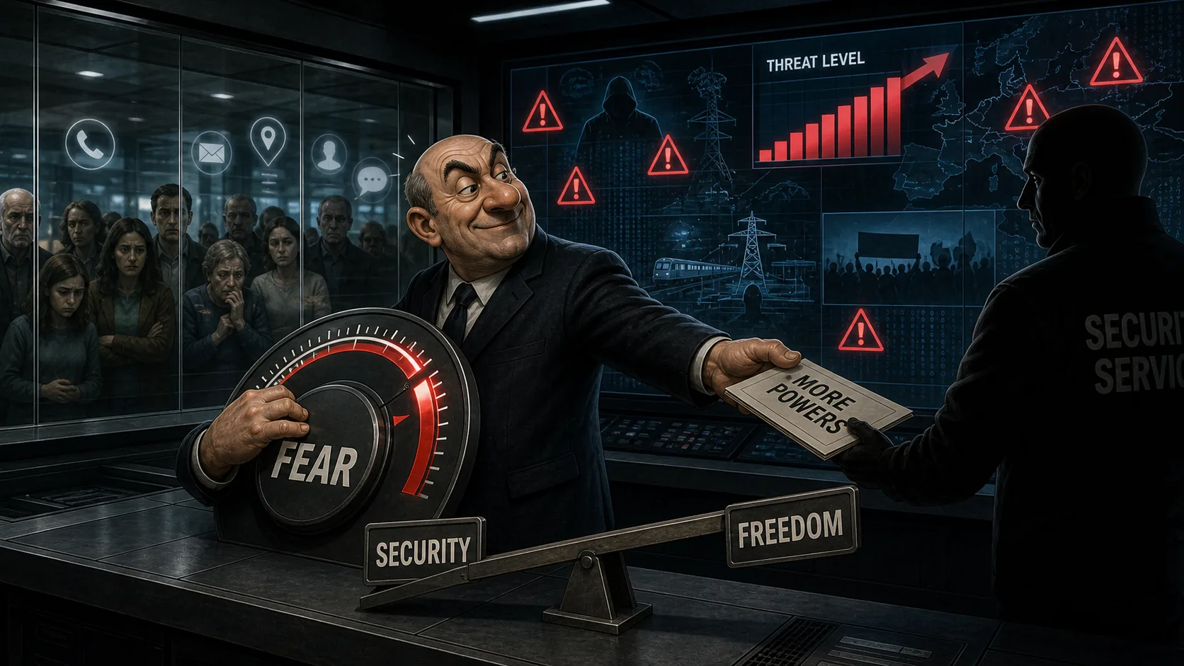 Redactionele karikatuur van een anonieme bestuurder die een angstmeter omhoog draait en een document met meer bevoegdheden aan een veiligheidsdienst geeft, als beeld bij dreigingstaal en staatsmacht.