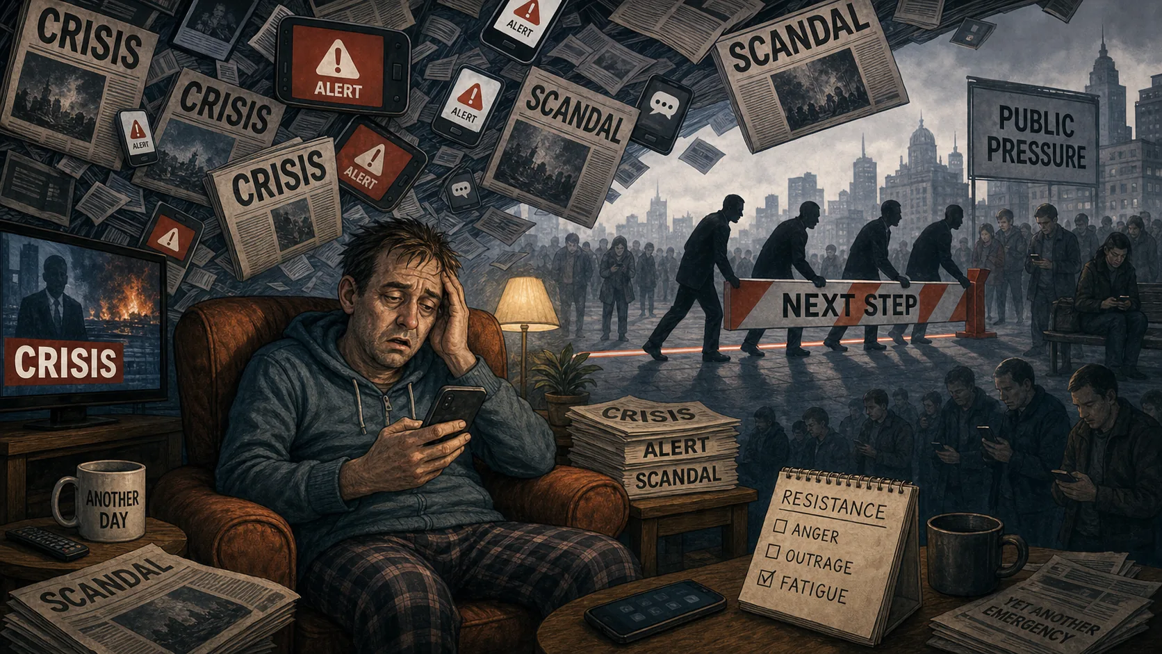 Redactionele karikatuur van een uitgeputte burger onder een stortvloed van crisisnieuws, terwijl anonieme machtsfiguren op de achtergrond een grens met 'next step' verschuiven.