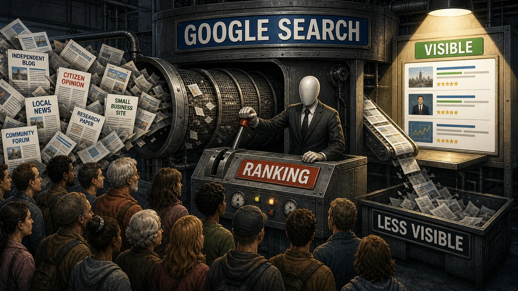 Redactionele karikatuur waarin een Google Search-filtermachine informatie rangschikt: enkele bronnen worden zichtbaar in het licht, terwijl andere meningen in een bak met 'less visible' belanden.