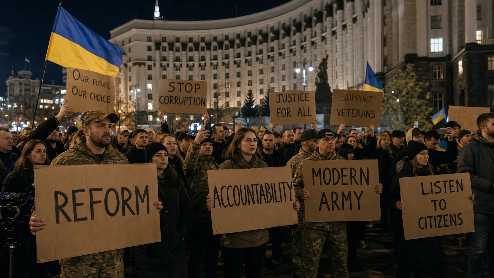 Realistische redactionele scène van een vreedzaam protest in Kyiv bij avond, met burgers, veteranen, Oekraiense vlaggen en borden over hervorming, verantwoording en een modern leger.