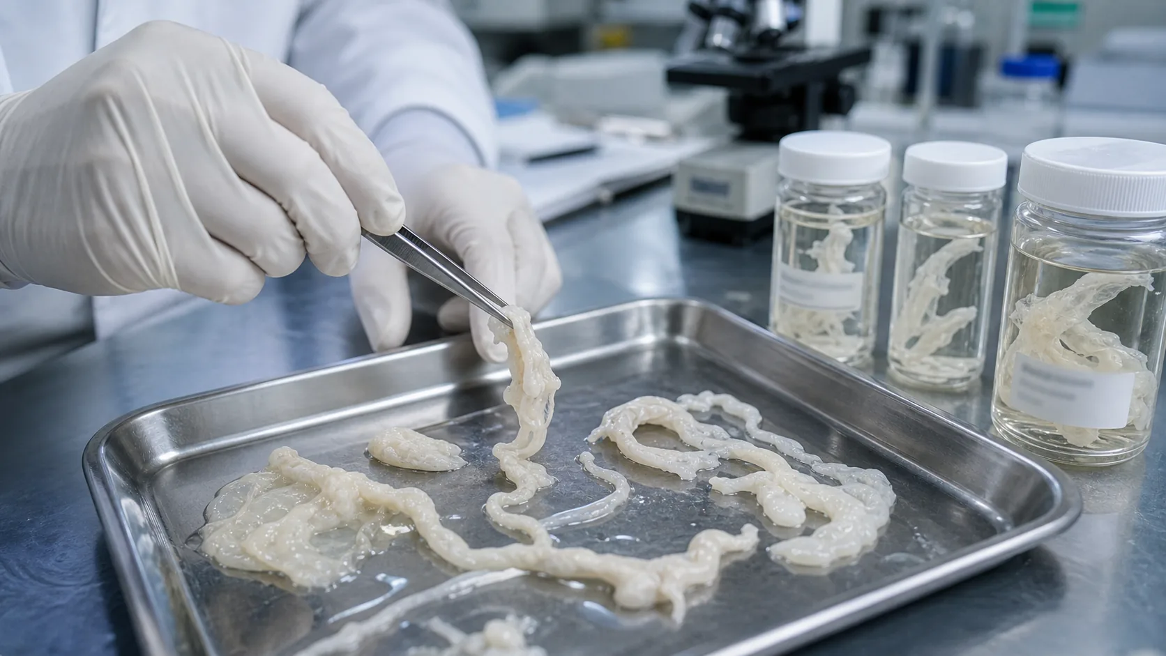 Realistische medische visual van witte vezelige stolselachtige structuren op een forensische laboratoriumtray, onderzocht met handschoenen en samplepotjes op de achtergrond.