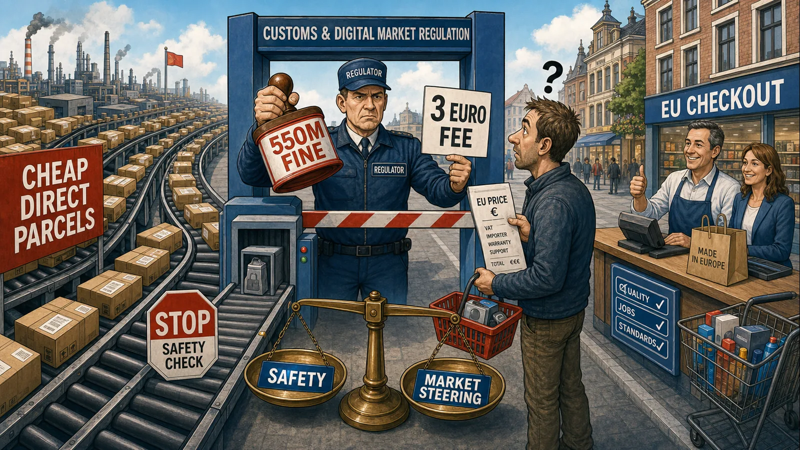 Redactionele karikatuur van een Europese controlepoort waar goedkope directe pakketjes uit China worden afgeremd door een boete en pakketkosten, terwijl consumenten richting een Europese kassa worden gestuurd.