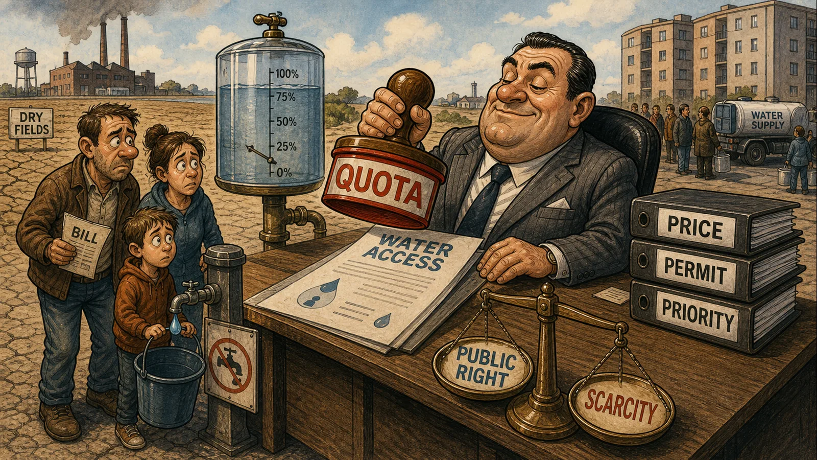 Redactionele karikatuur waarin een bestuurder een QUOTA-stempel boven een WATER ACCESS-formulier houdt terwijl een gezin met lege emmer bij een kraan staat en mappen met PRICE, PERMIT en PRIORITY op tafel liggen.