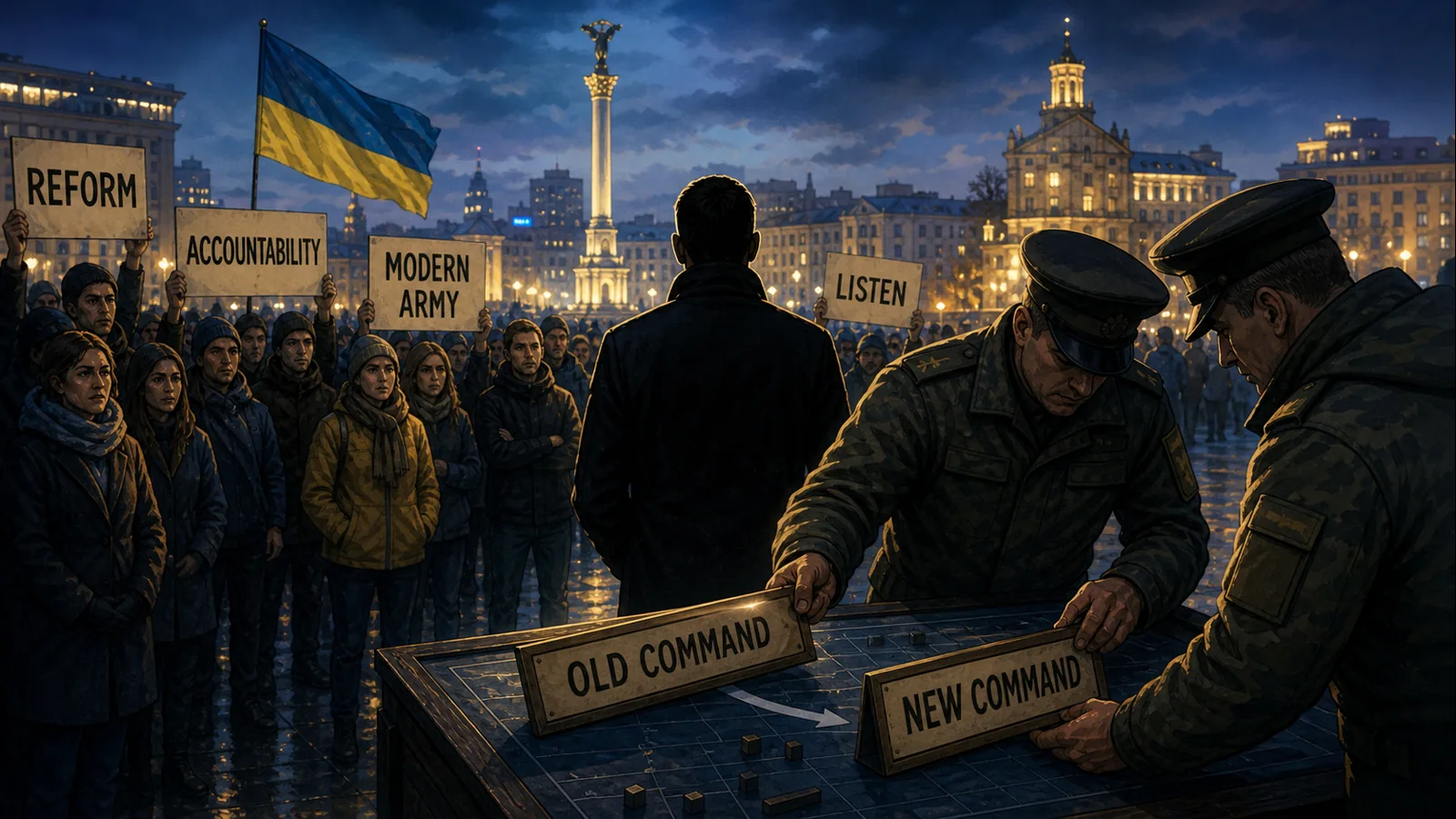 Redactionele karikatuur van een vreedzaam protest in Kyiv en een symbolische militaire commandotafel waar een oude commandostructuur wordt vervangen door een nieuwe, als beeld bij protestdruk en legerhervorming in Oekraiene.