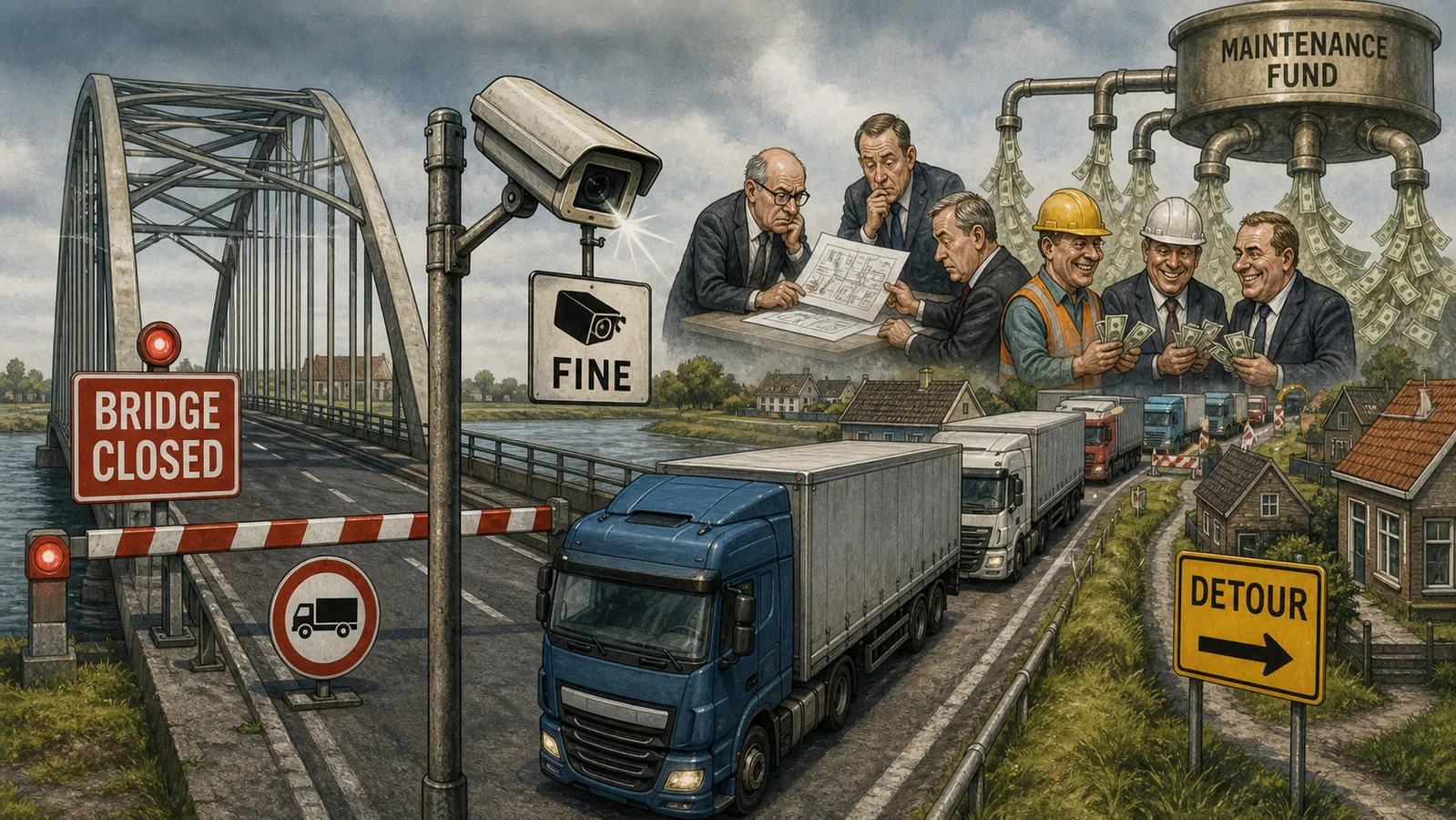 Redactionele karikatuur van een gesloten Nederlandse brug, vrachtwagens op een omleiding, een camera met boetebord en een onderhoudsfonds dat geld richting infrastructuurbedrijven laat stromen.