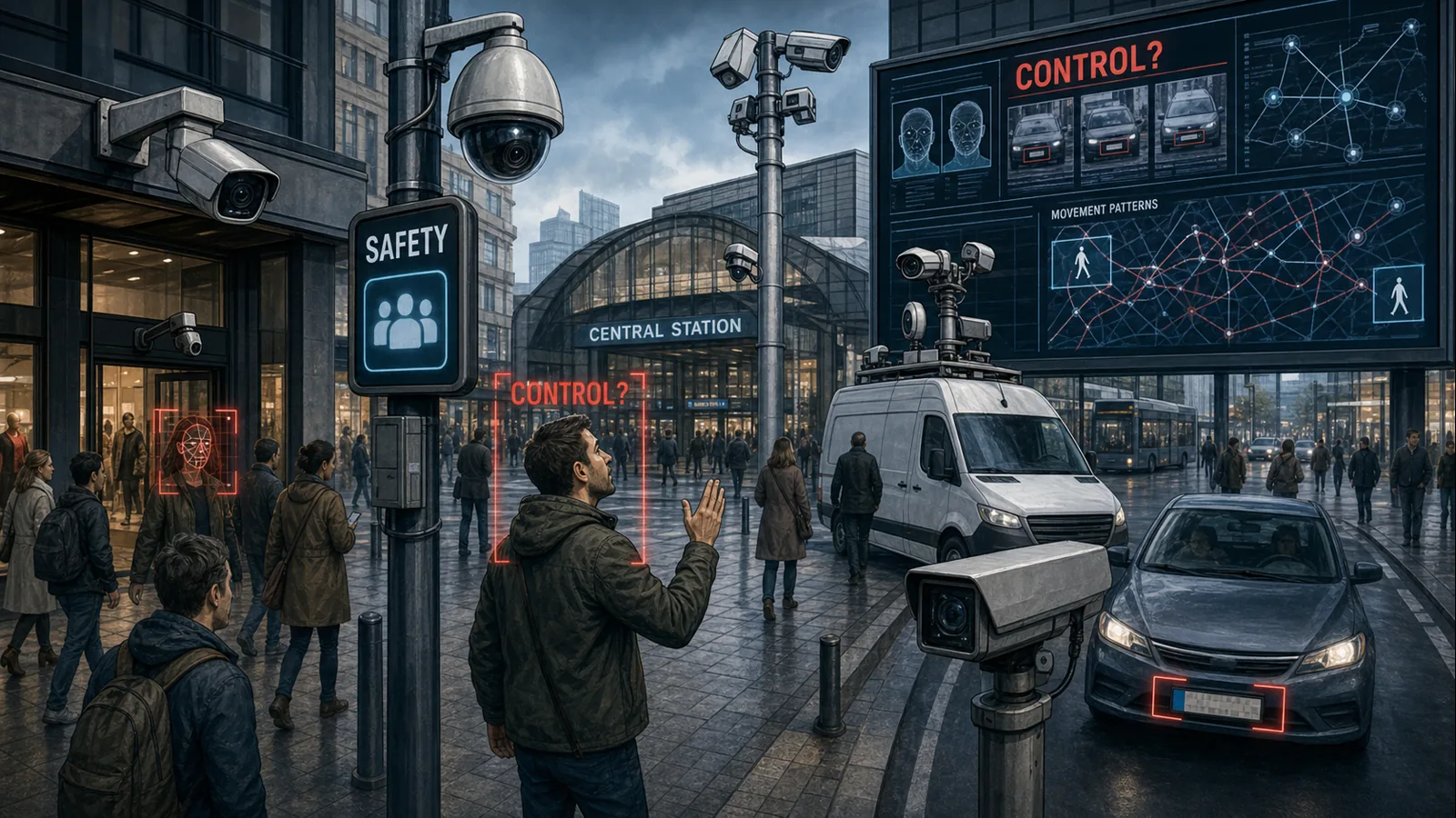 Redactionele karikatuur van een Europese straat vol camera's, gezichtsframes, kentekenlezers en een scherm met SAFETY en CONTROL als beeld bij toezichtinfrastructuur.