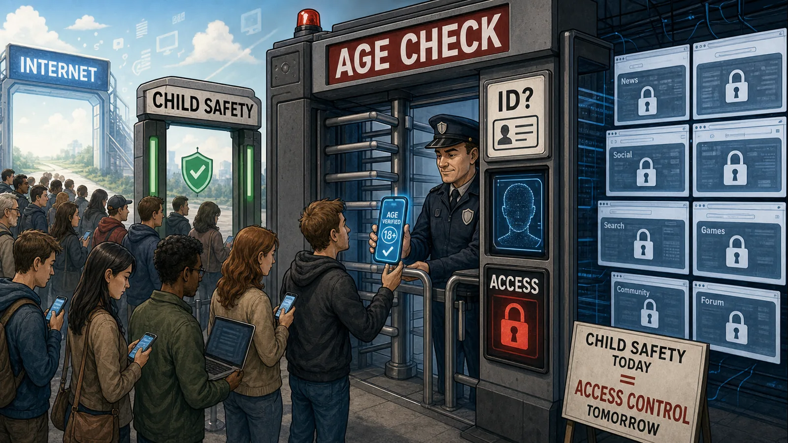 Redactionele karikatuur van een online toegangspoort waar child safety overgaat in age check, ID-controle en afgesloten websites.