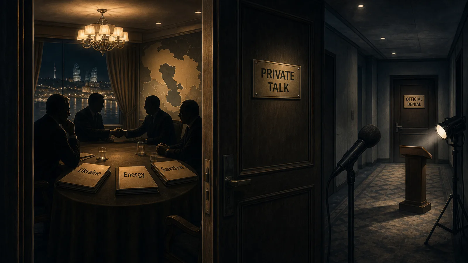 Redactionele karikatuur van een besloten hotelkamer in Bakoe met een bord PRIVATE TALK, schimmige onderhandelaars, dossiers over Oekraïne, energie en sancties en een lege persruimte met OFFICIAL DENIAL.