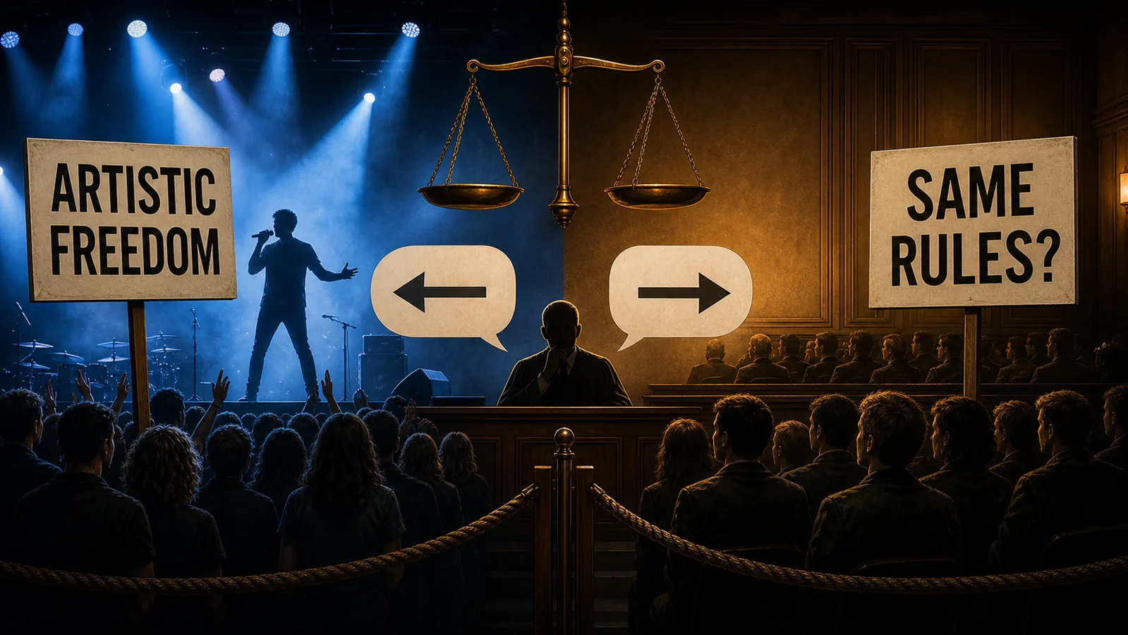 Redactionele karikatuur van een podium en rechtszaal met een weegschaal, borden met ARTISTIC FREEDOM en SAME RULES en publiek aan beide kanten als beeld bij het debat over artistieke vrijheid en discriminatie.