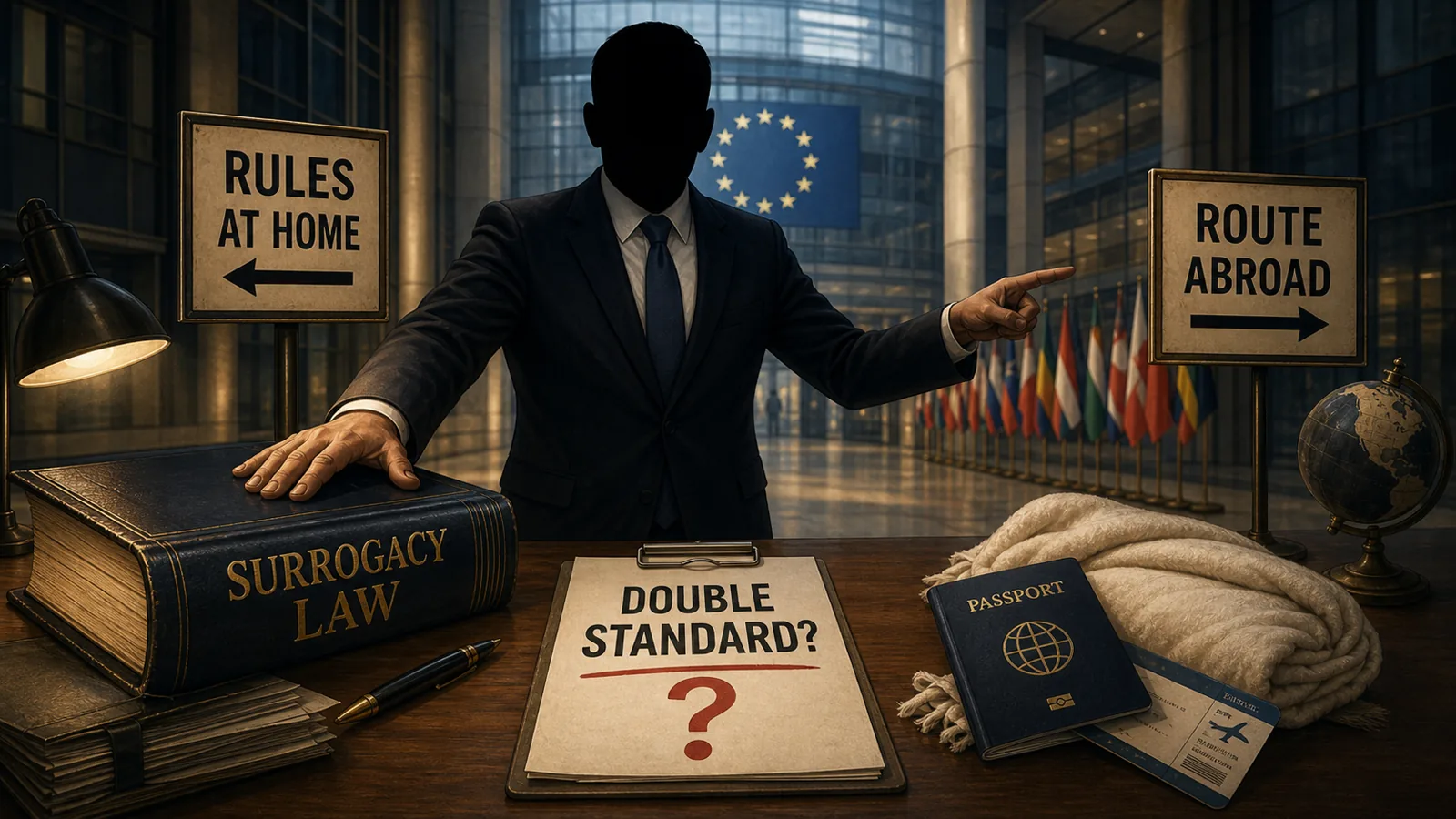 Redactionele karikatuur van een politicus zonder herkenbaar gezicht tussen een wetboek over draagmoederschap, een bord regels thuis en een bord route abroad, als beeld bij de discussie over dubbele maat rond draagmoederschap.