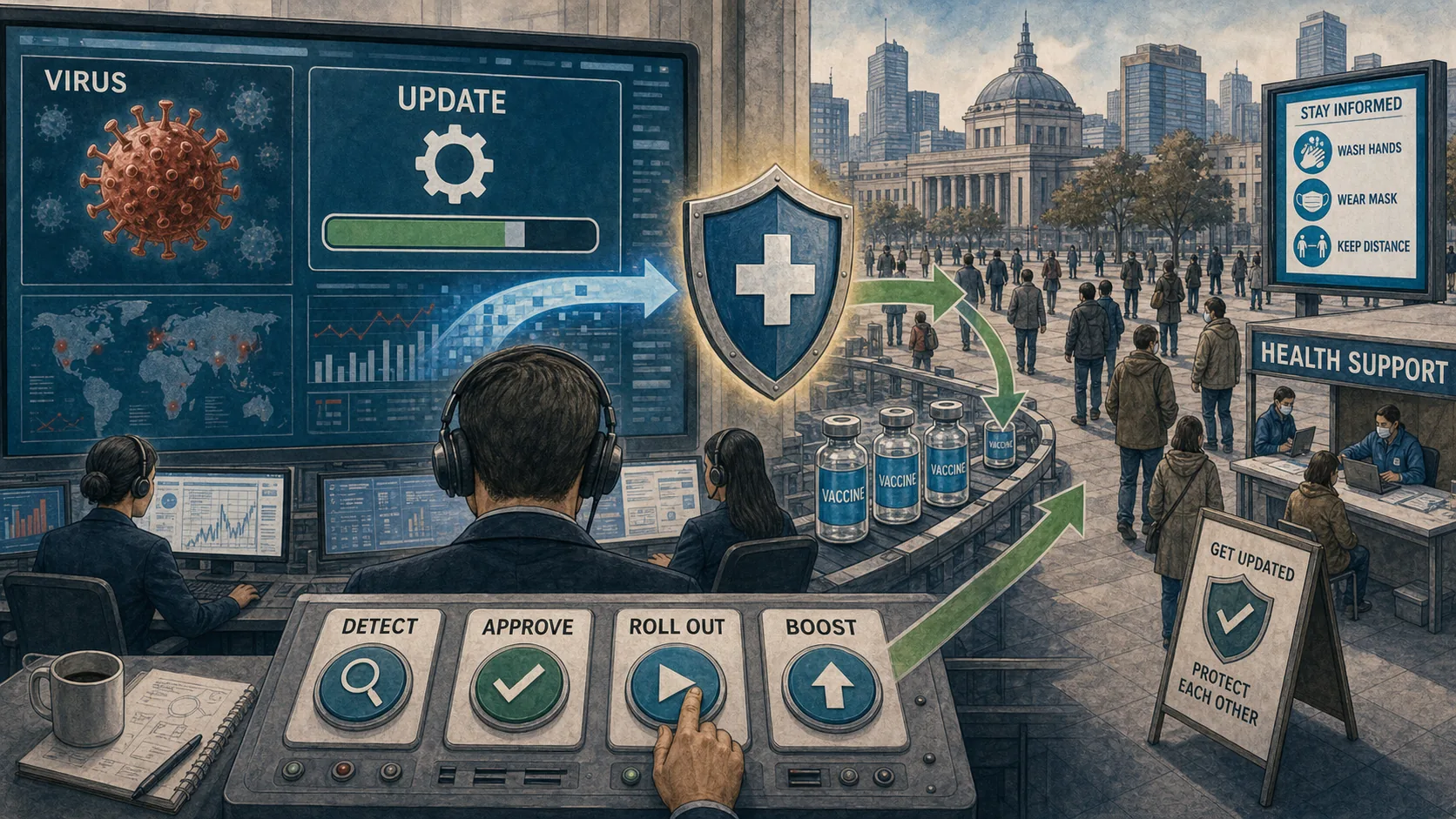 Redactionele karikatuur van een groot digitaal virus- en updatescherm tegenover een publieke gezondheidsbalie, als beeld voor de vergelijking tussen antivirussoftware en pandemiebeleid.
