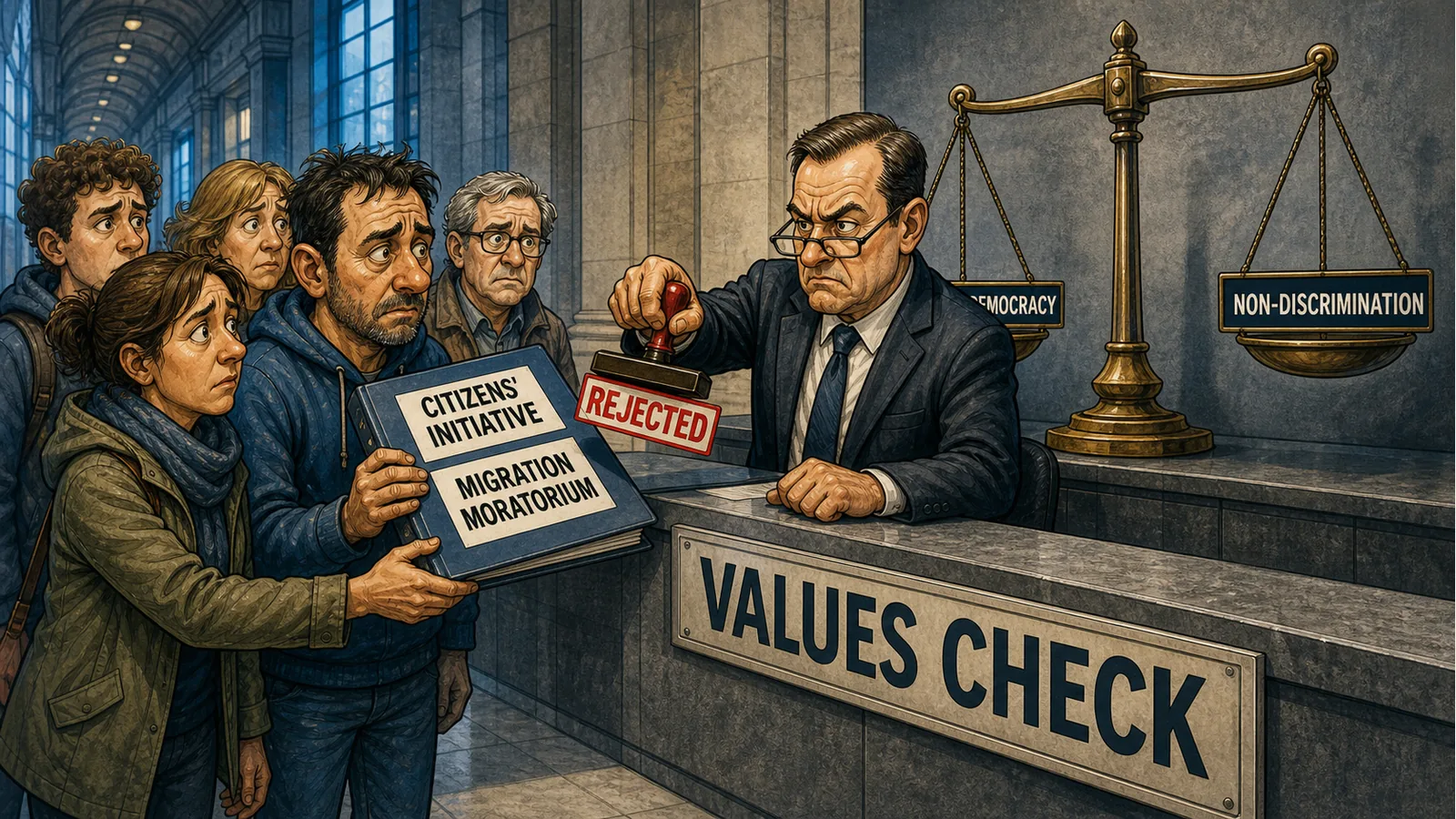 Redactionele karikatuur van burgers met een map Europees burgerinitiatief bij een waardenloket, waar een ambtenaar het voorstel afstempelt terwijl een weegschaal democratie en non-discriminatie tegenover elkaar zet.